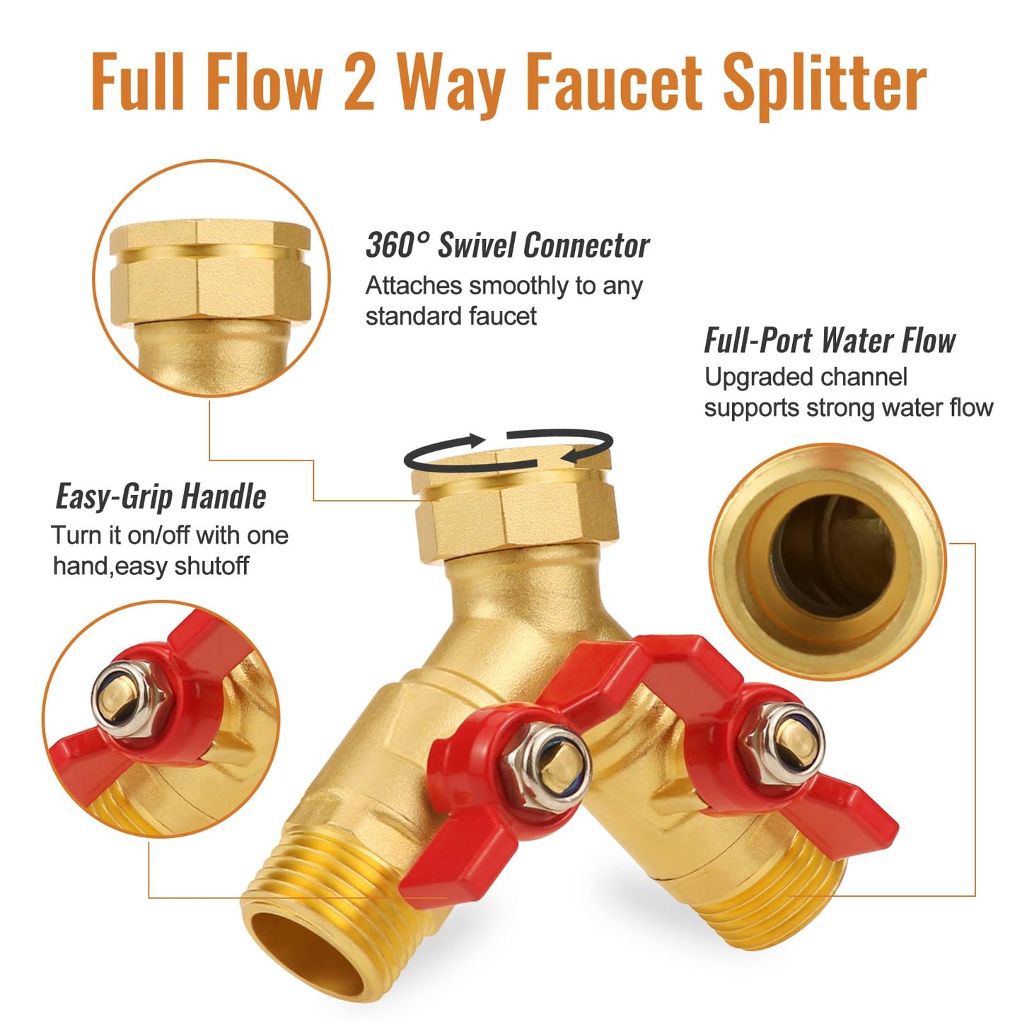 Angry Pony Brass Garden Hose Splitter 2 Way with Shut Off, Heavy Duty 3/4 GHT Hose Y Splitter for Outdoor Faucet, Dual Water Spigot Connector for Garden Watering, Sprinkler and Car-Washing