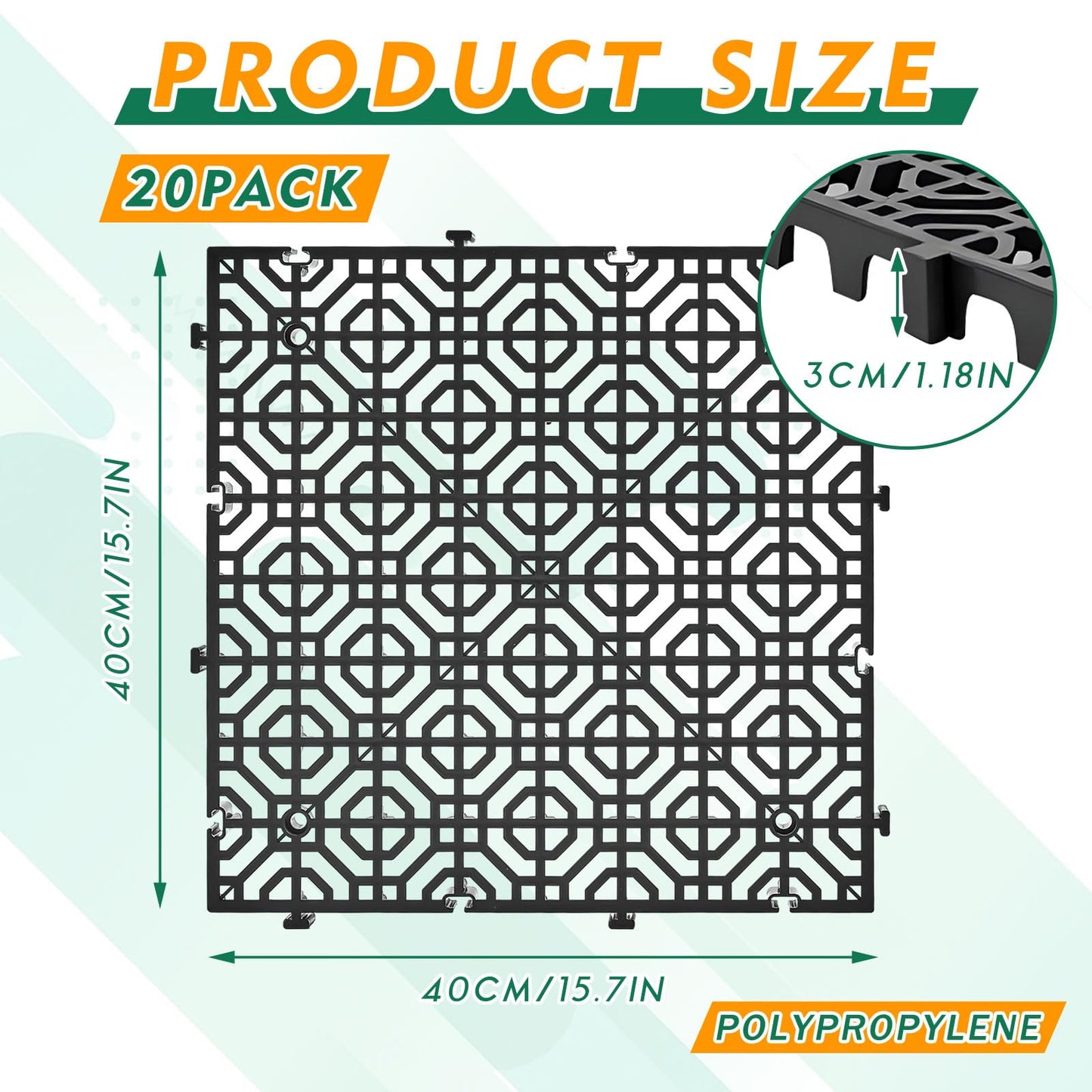 Wesnoy 20 Pcs 15.7 x 15.7 in Heavy Duty Ground Protection Mats Drive on Lawn Grid, Heavyweight Drain Interlocking Non-Slip Floor Mat, 6613 lb Load for Gravel Grid Permeable Pavers (Black)