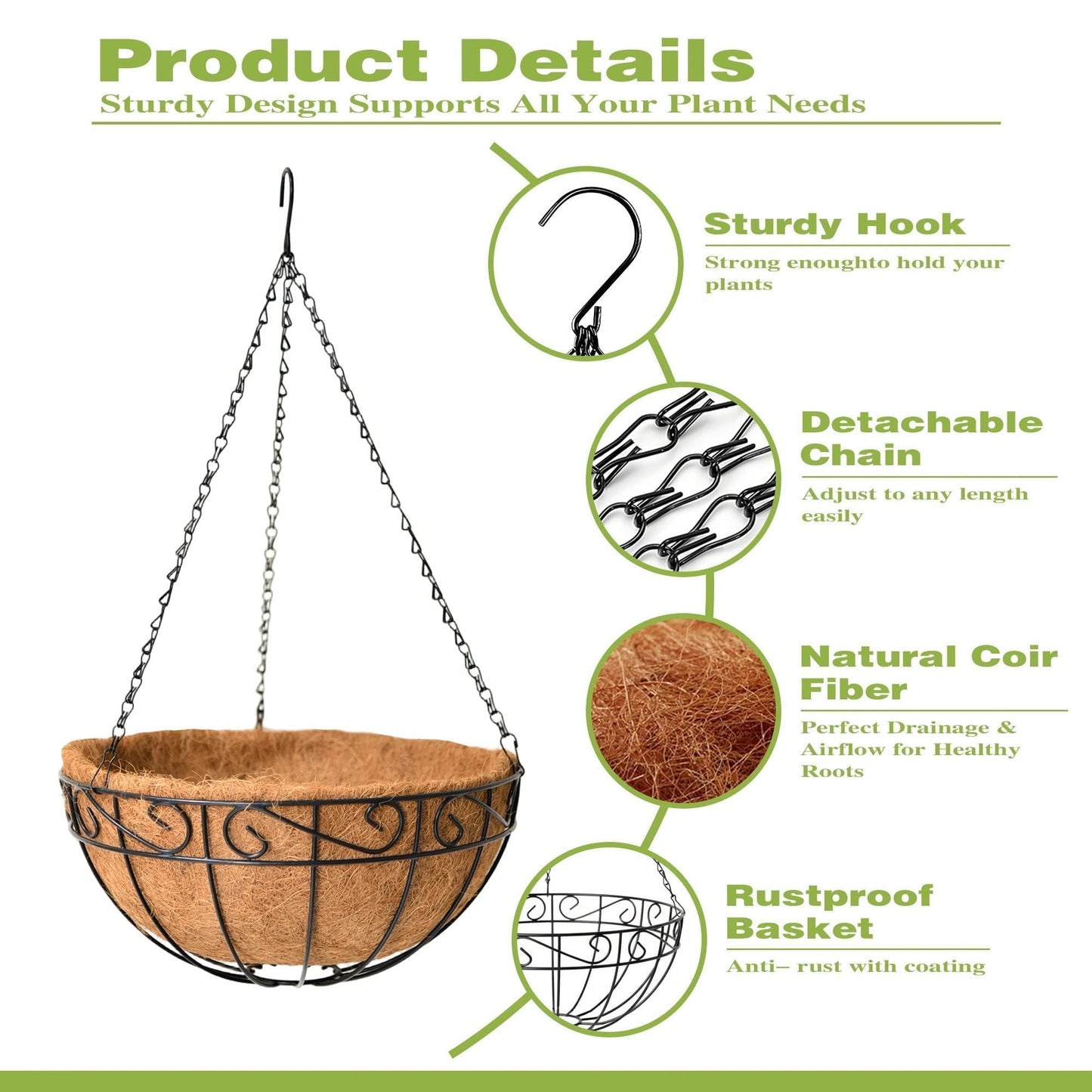 Qusuxi 4 Pack 12 Inch Hanging Baskets for Plants Outdoor Metal Hanging Planter Hanging Flower Baskets with Coco Fiber Liners Chain Round Wire Plant Holder Flower Pots(Plaid)