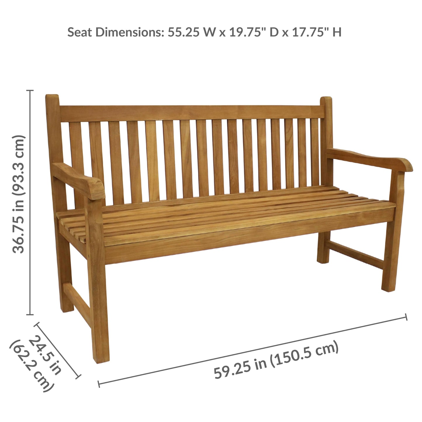 Sunnydaze 2-Person Outdoor Bench for Front Porch or Park - Wooden Teak Patio Garden Bench with Backrest - 675 lb Weight Capacity - 60"