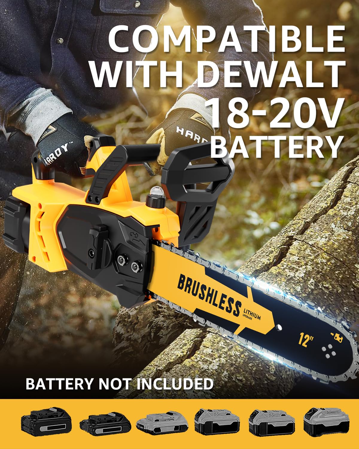12 Inch Brushless Cordless Chainsaw for 20v Max Battery with Auto Oiler, 45Ft/s 1100W Electric High-Efficiency, No Installation Required, Yellow (Battery Not Included)