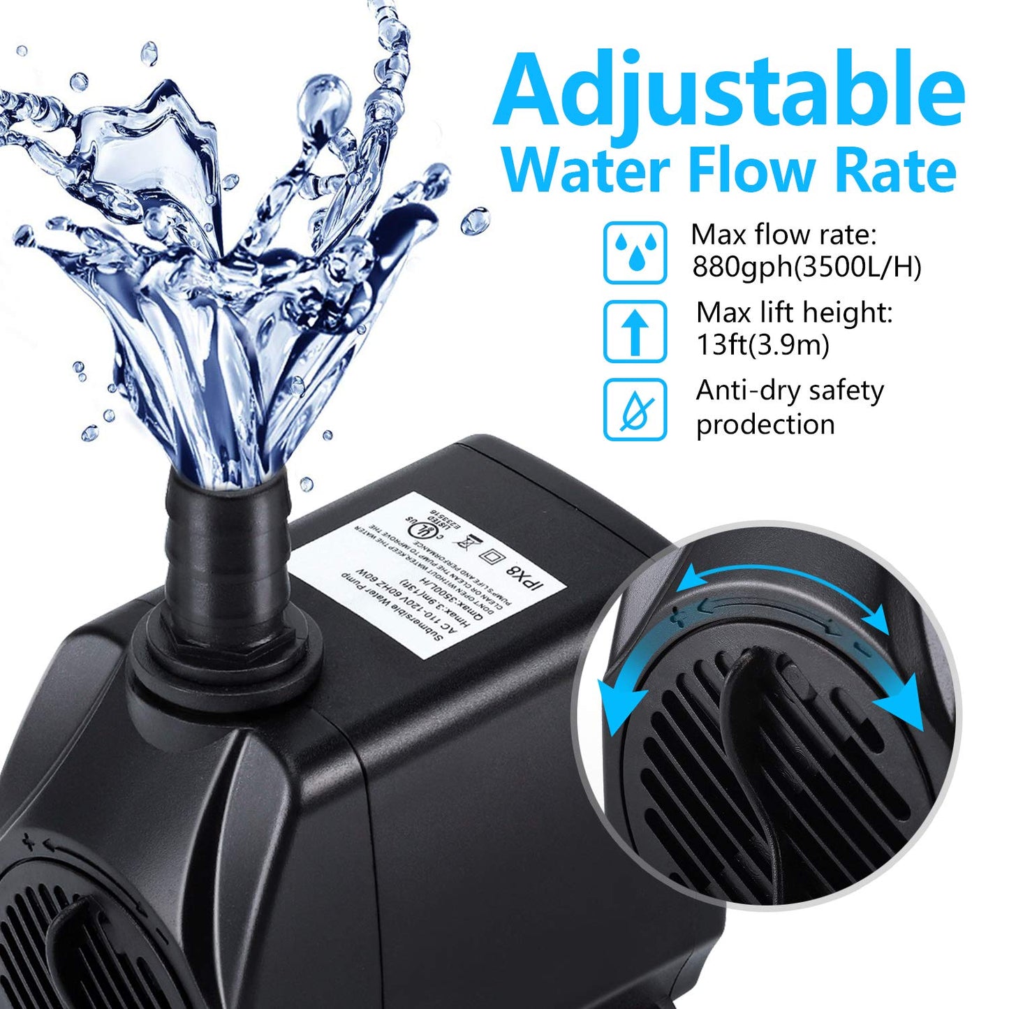 CWKJ Fountain Pump, 880GPH Submersible Water Pump, Durable 60W Outdoor Fountain Water Pump with 6.5ft Power Cord, 3 Nozzles for Aquarium, Pond, Fish Tank, Water Pump Hydroponics, Backyard Fountain