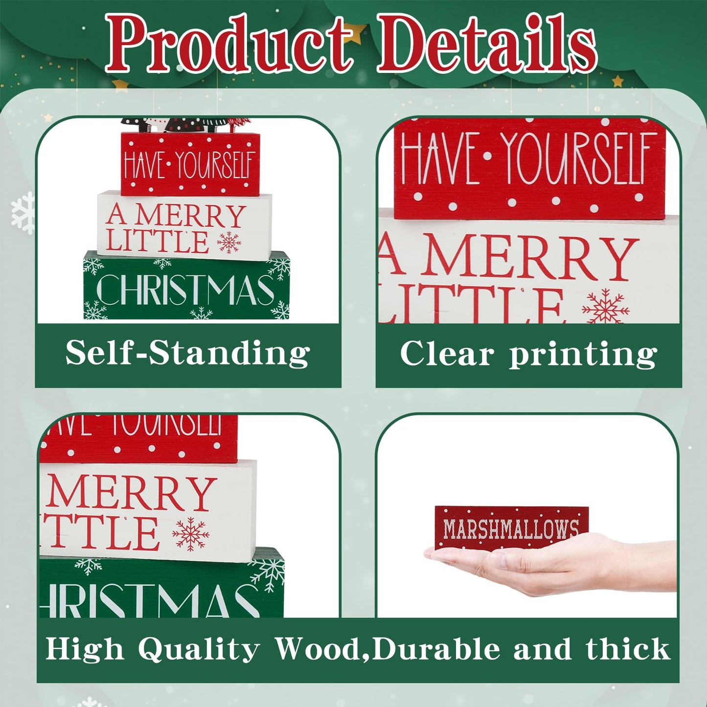 4 Pcs Christmas Table Decor Christmas Tree Wooden Table Decorations Winter Tiered Tray Decor Centerpieces Rustic Decorative Tree Block Signs Gift Xmas Sign for Home kitchen Shelf