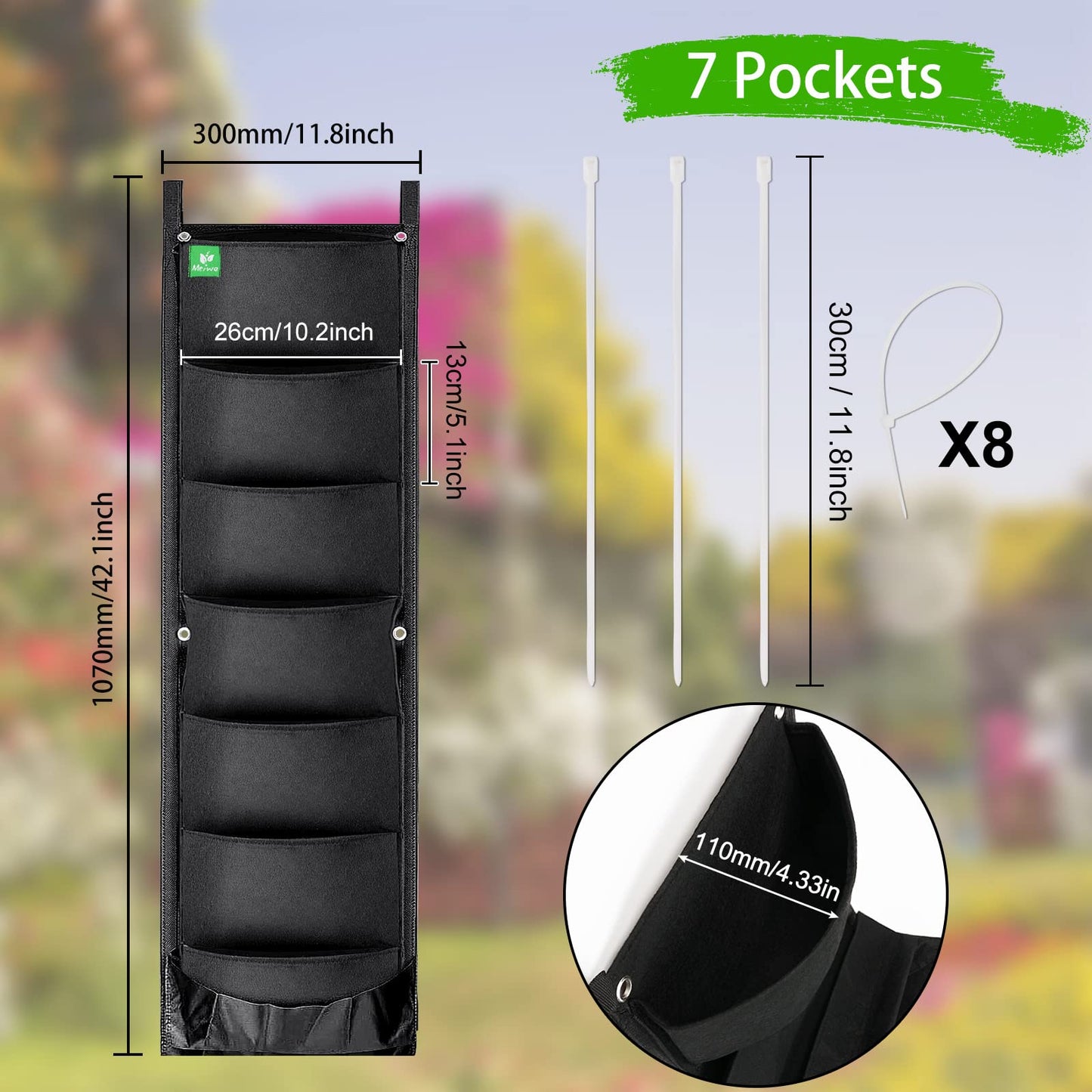 MEIWO 2 Packs Hanging Planter for Outdoor Plants, 7 Pocket Vertical Wall Planter, Balcony Planter, Railing Planter, Garden Balcony Decor