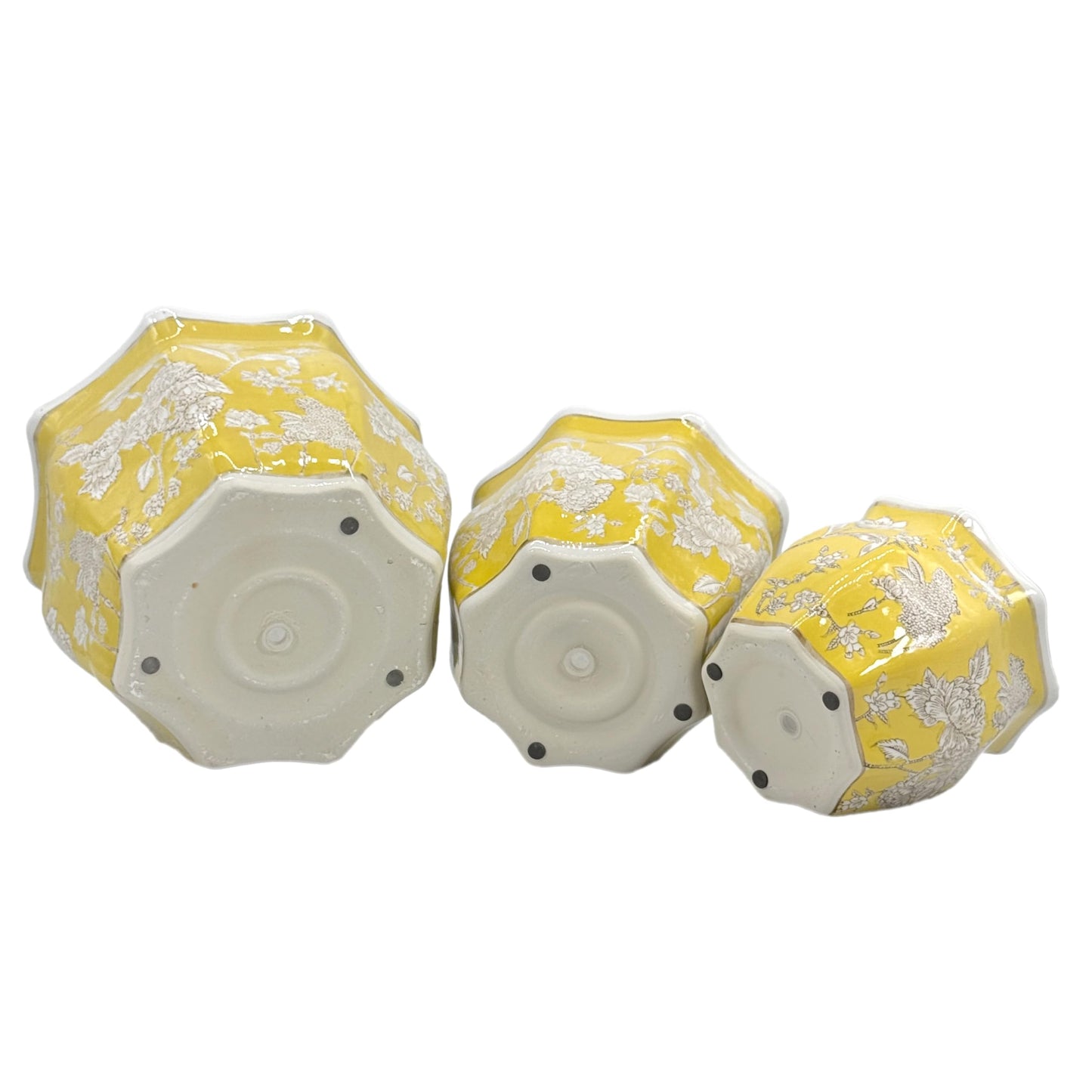 Galt International Yellow & White Round Fluted Floral Porcelain Ceramic Plant Flower Planter Pot Set of 3 (7.5", 10", 13") Garden Pots Chinese Asian Design