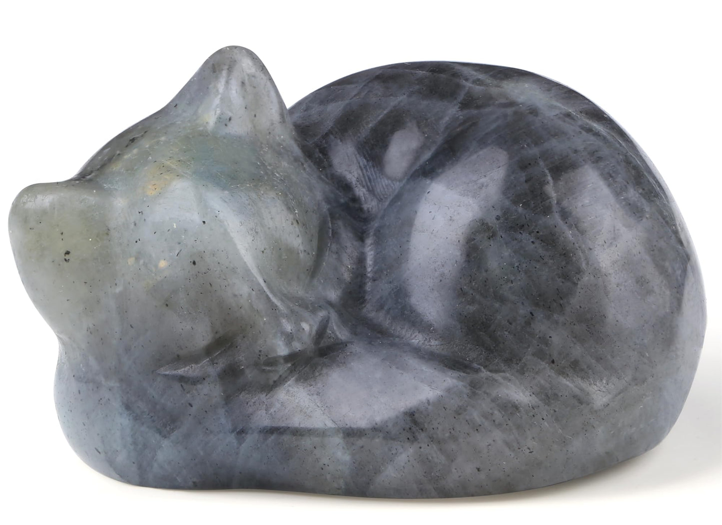 YATOJUZI 2" Cat Decor Figurines White Labradorite Crystals Sleeping Cats Decor Hand Carved Cute Crystal Animal Statues Decors Room Home Office Desk Decorations Cat Gifts for Women