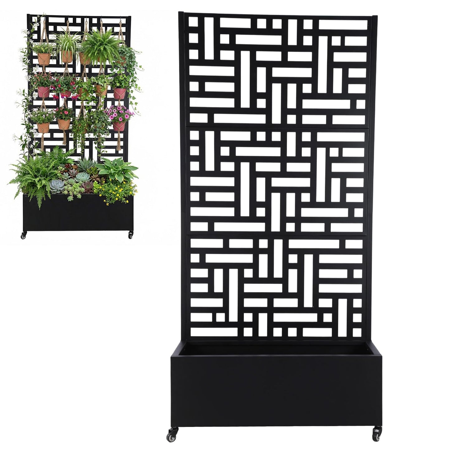 CLBDRESS 70.87x35.43x15.75 Inch Metal Planter Box with Trellis and Wheels Raised Garden Bed with Drainage Holes Privacy Planters Suitable for Climbing Plants and Vegetables