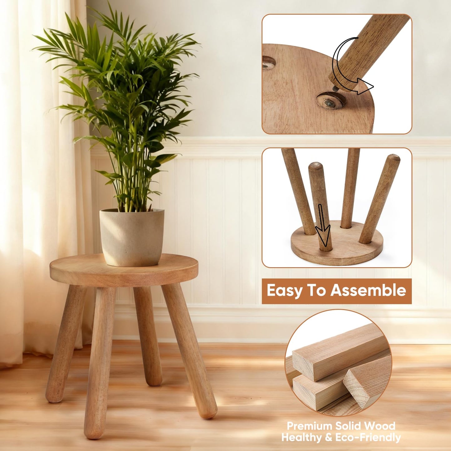 JUJIAFU 11.8" H Round Solid Wooden Stool Wood Plant Stand Woden Decorative Stool Garden Stool Portable Stand for Kitchen Bathroom Living Room Bedroom
