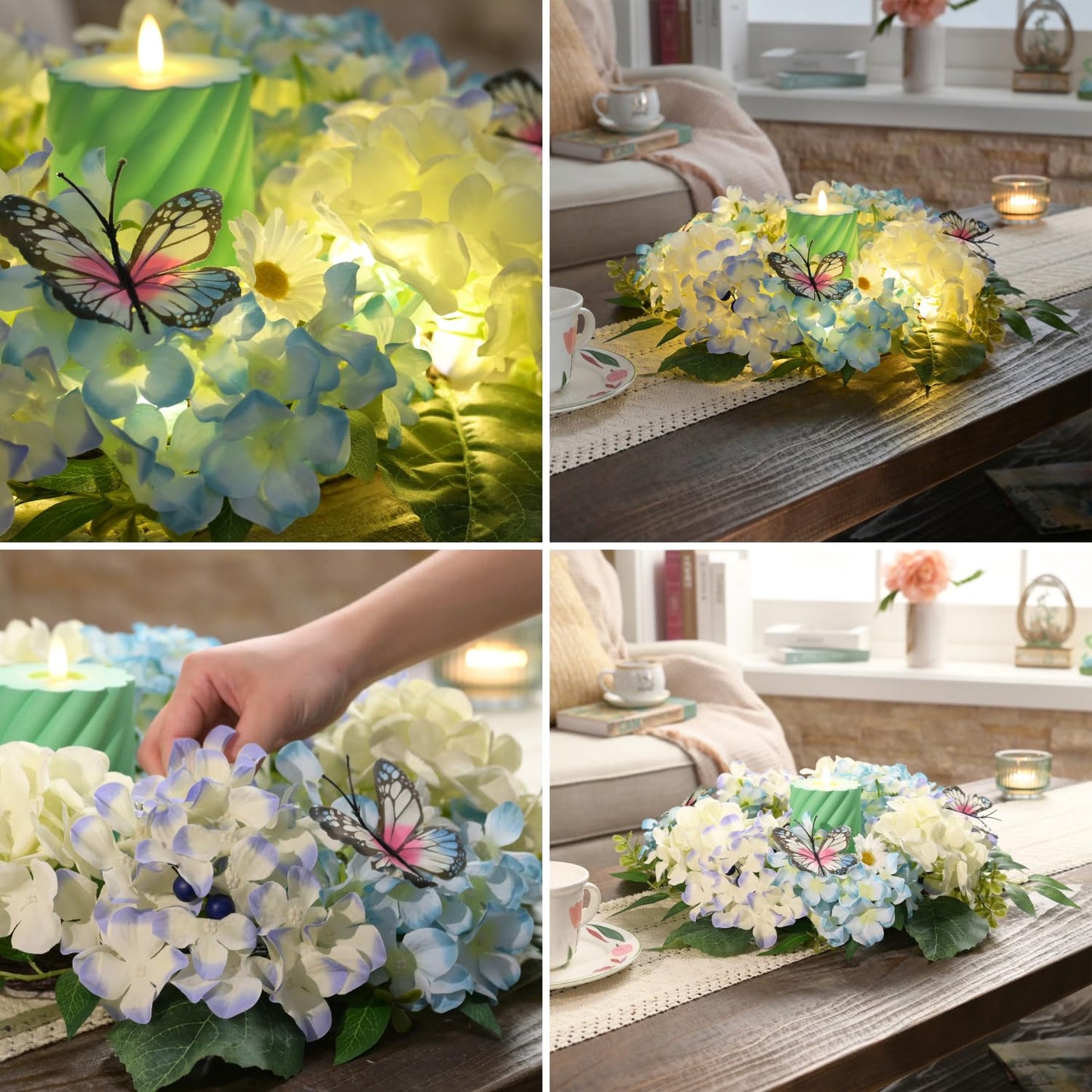 Valery Madelyn Spring Wreaths for Front Door with Lights, Silk Blue White Hydrangeas Floral Summer Wreath with Eucalyptus Leaves Butterfly for Home Porch Window Wedding Arch-18''