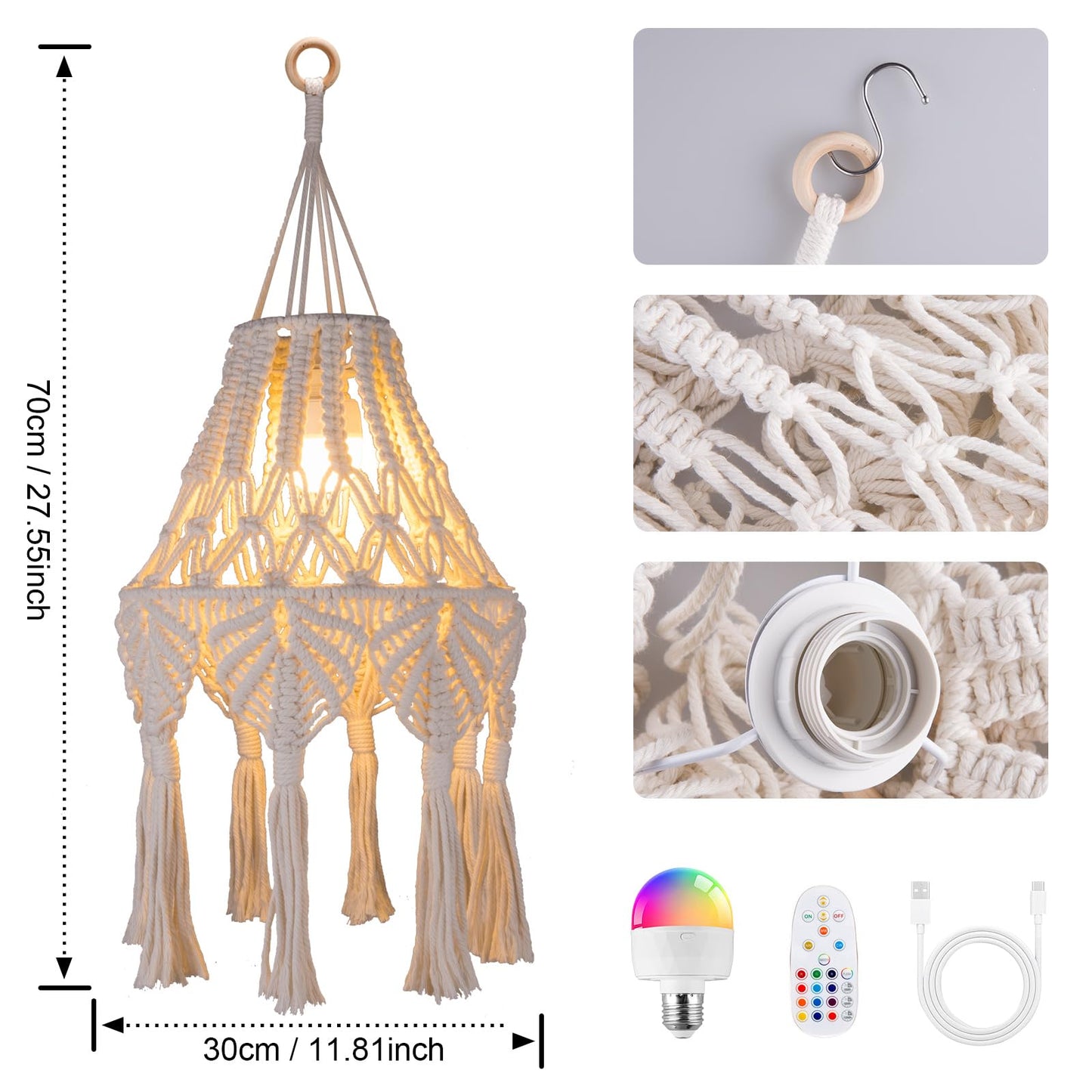 AVAMERY Boho Chic Macrame Pendant Lights with Tassels, Remote Control Dimmable Timer Rechargeable Battery Operated Hanging Lamp, Cotton Rope Wall Decor for Bedroom Living Room