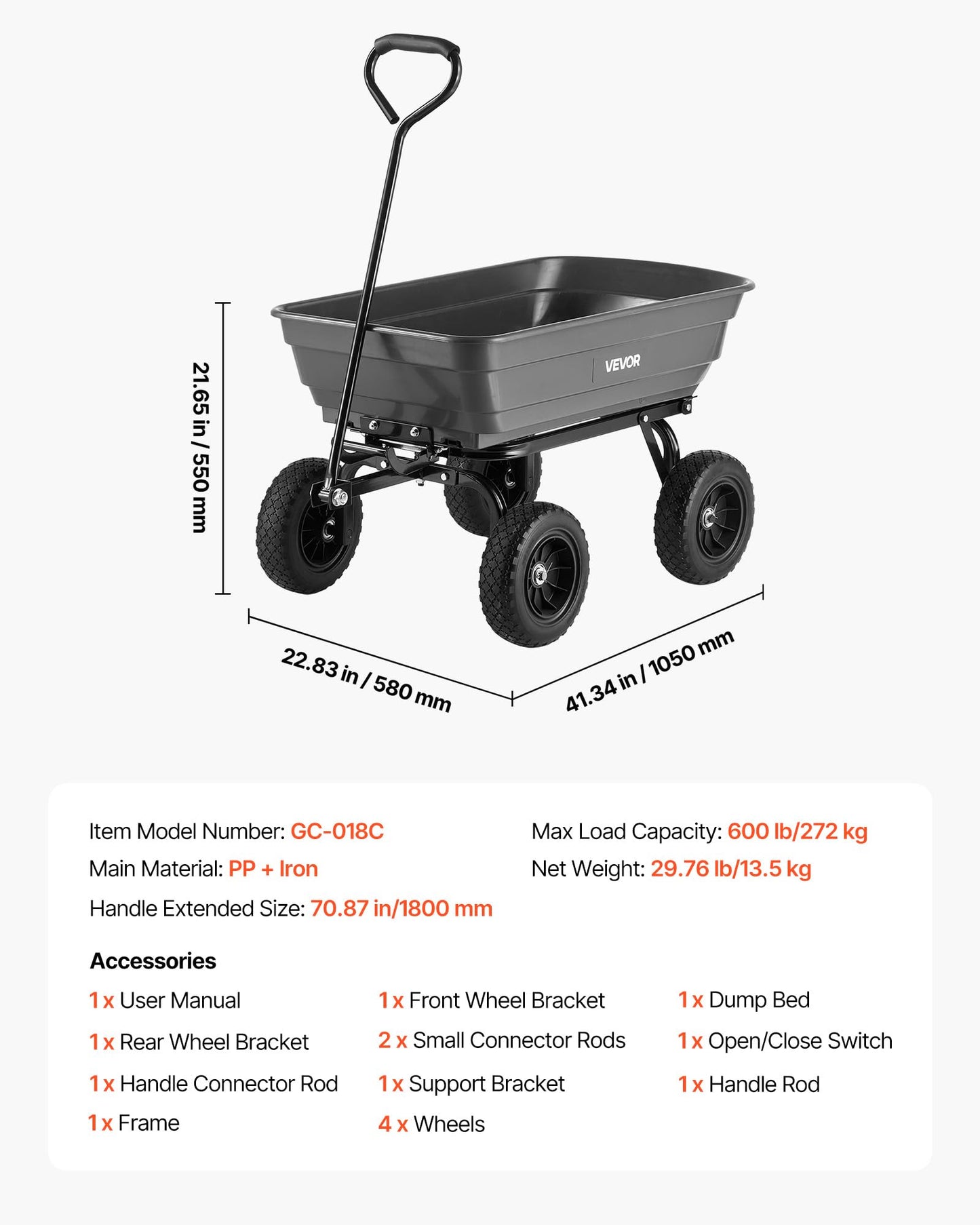 VEVOR 4 Cu.Ft 600LBS Poly Garden Cart Dump Wagon, 4 Wheel Heavy Duty Wheelbarrow with 10" Flat Free Tires, Yard Cart Dump Wagon with Quick-Release System