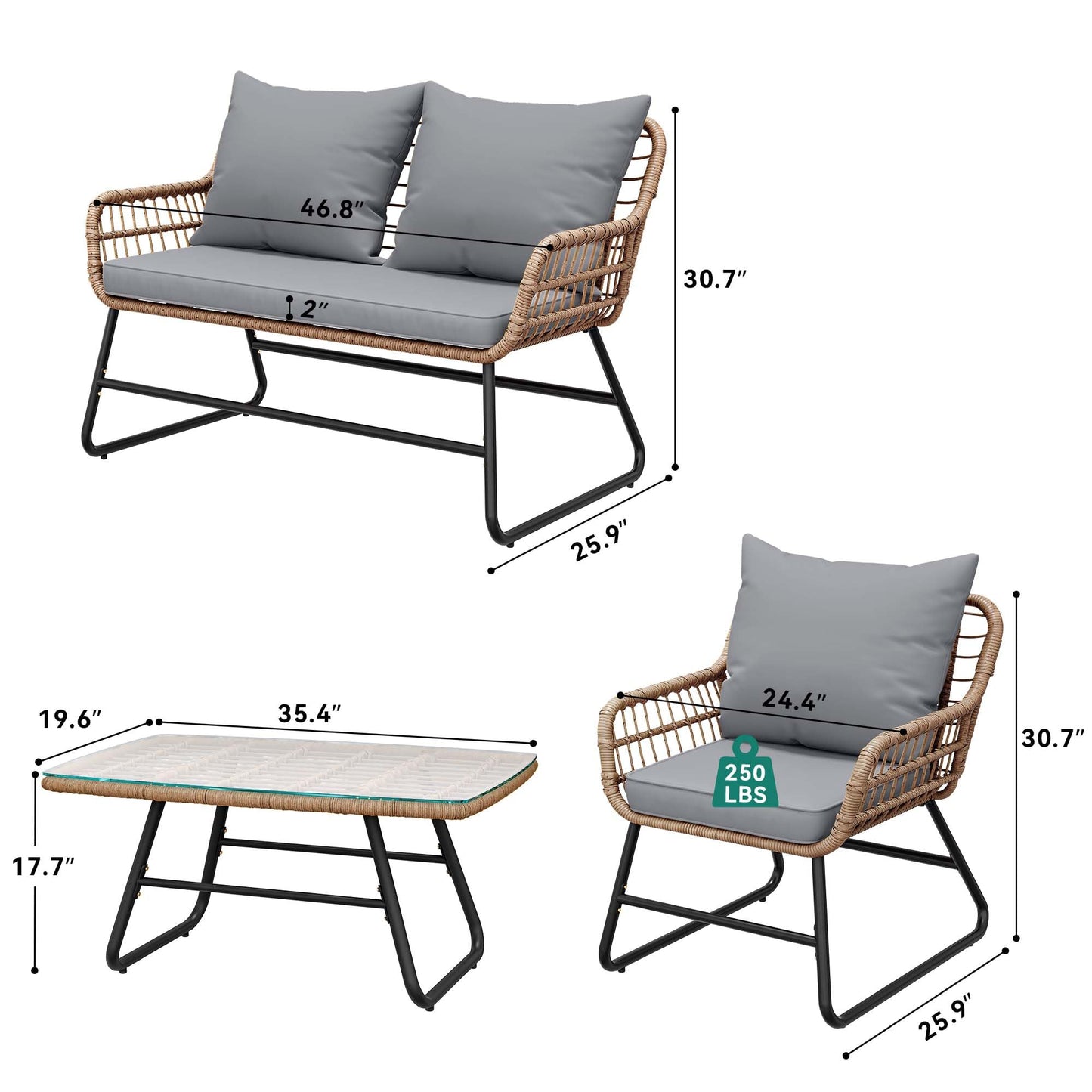 YITAHOME 4-Piece Patio Furniture Set, Wicker Outdoor Furniture Set with Cushions, Outdoor Table and Chairs for Balcony, Backyard, Deck, All-Weather Rattan Conversation Set, Light Gray