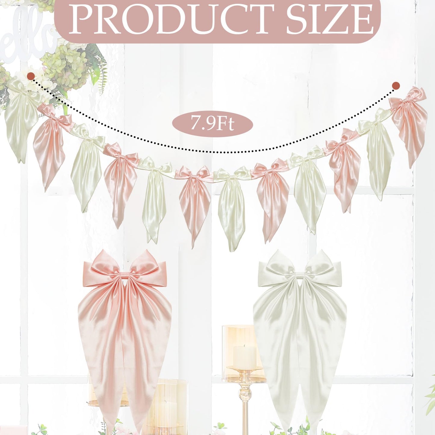 VitalCozy 1 PCS White Pink Bow Garland Banner, Satin Ribbon Hanging Party Bow Garland Decoration for Birthday Baby Shower Wedding Party Supplies