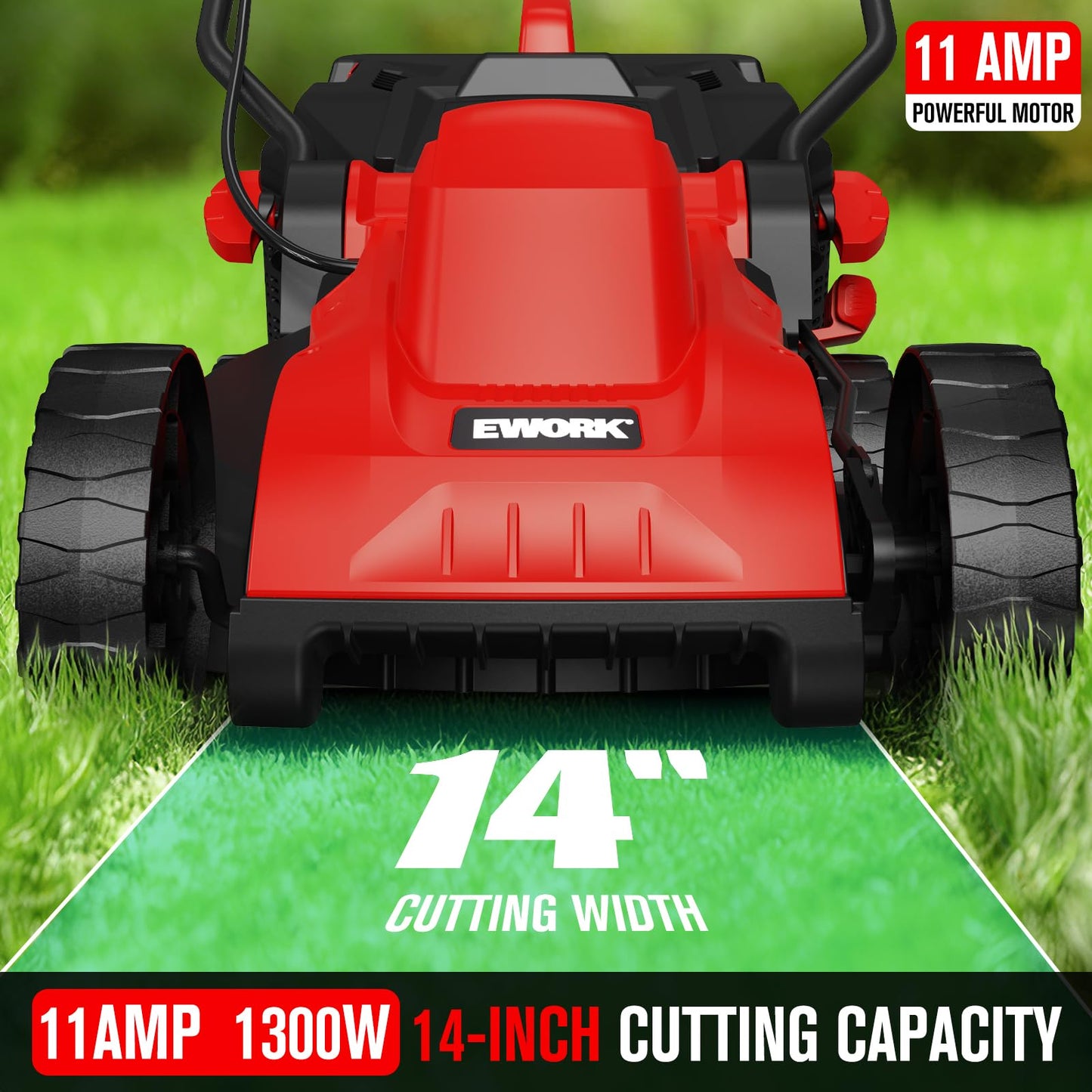 EWORK Corded Electric Lawn Mower 14-Inch, 11Amp Electric Push Mower with 30L Collection Bag, 4-Height Adjustment, Lightweight Lawnmower for Garden, Yard