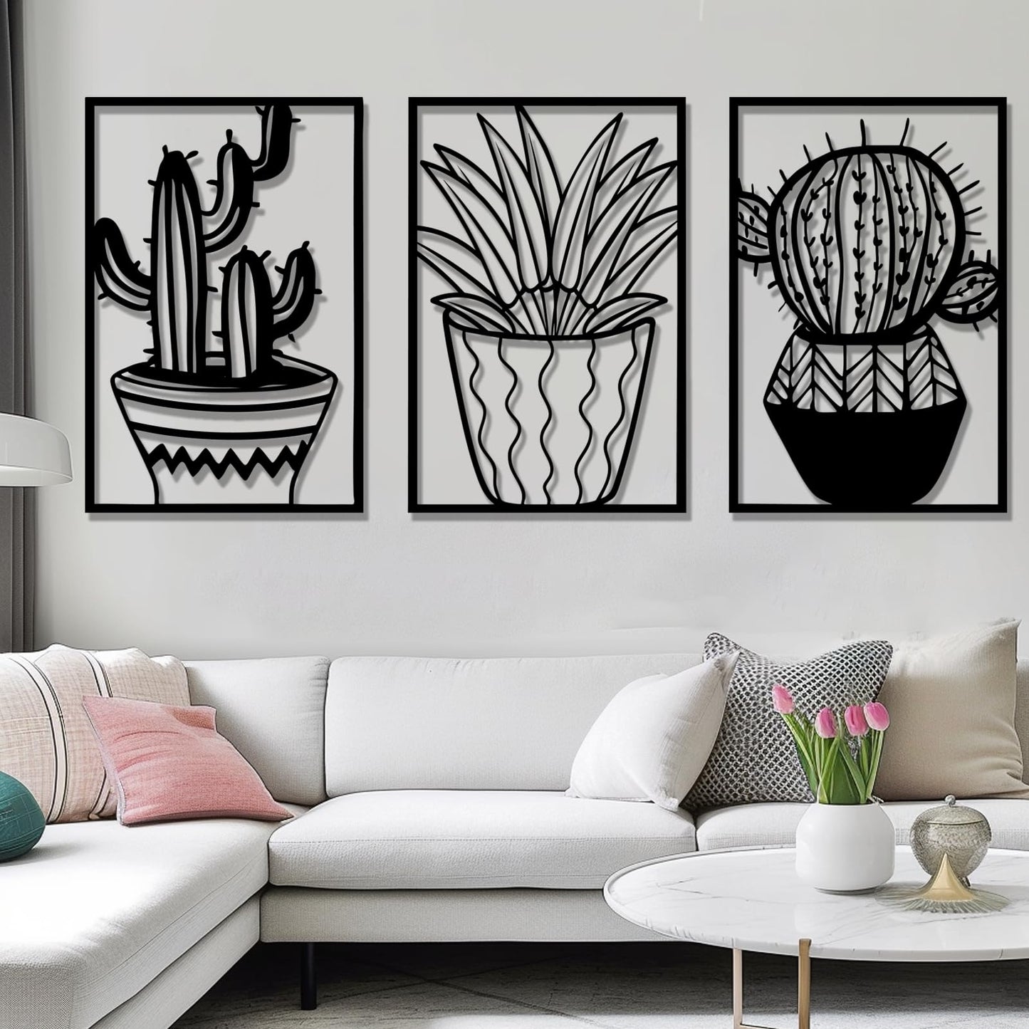 Metal Cactus Wall Decor, 3 Pcs Cactus Wall Art, Southwest Desert Wall Art, Large Plant Wall Decor, Natural Themed Metal Wall Hanging, Wall Art for Living Room, Yard, Outdoor (Black, 53"x105" | 134x270cm, metal wall art)