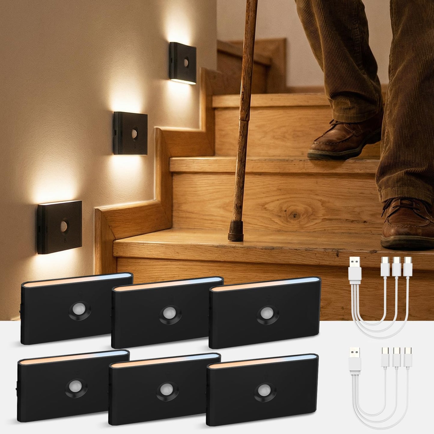 wowatt 3CCT Rechargeable Stair Lights Indoor, Black Stairway Lights Indoor with Magnetic Mount, Dimmable Stair Lights Motion Sensor for Stairway, Hallway, Kitchen, Bathroom(6 Packs)