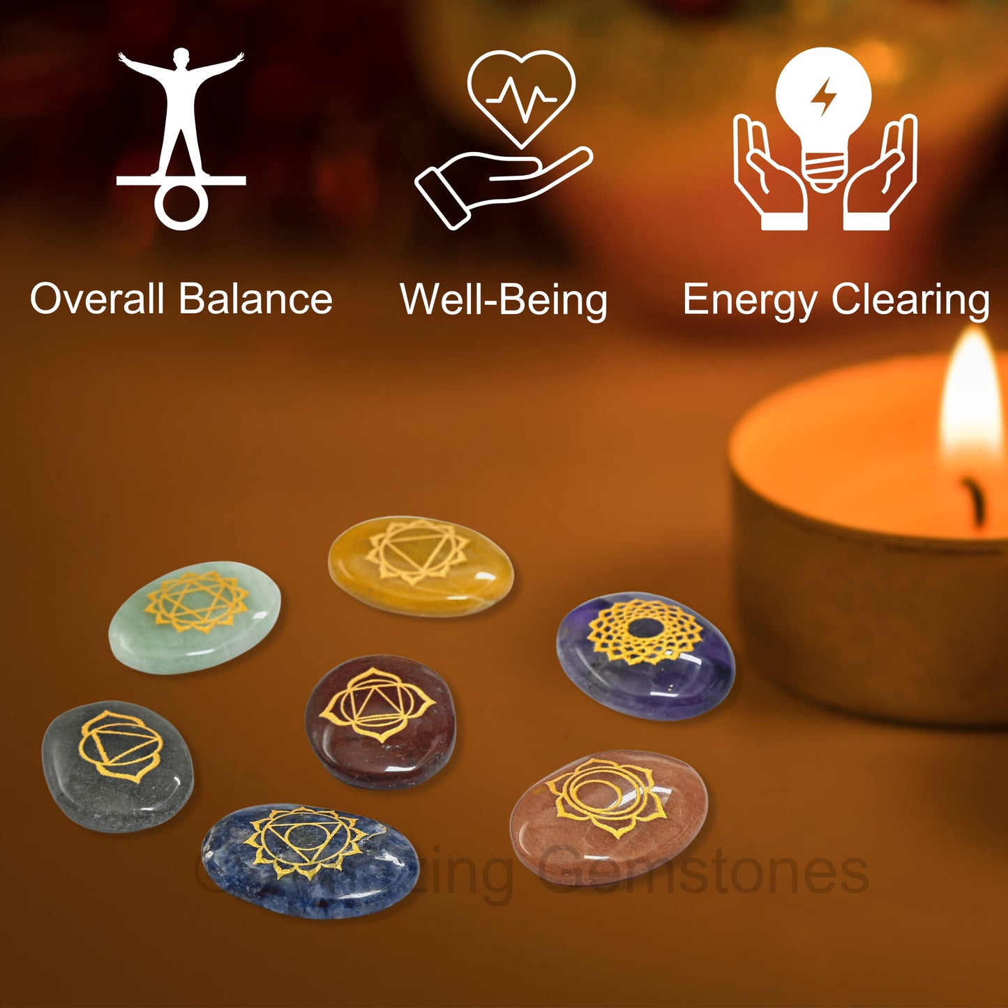 Amazing Gemstone 7 Chakra Oval Set Reiki Healing Crystal with Engraved Chakra OM Symbols Holistic Balancing Polished Palm Stones Set with Velvet Pouch
