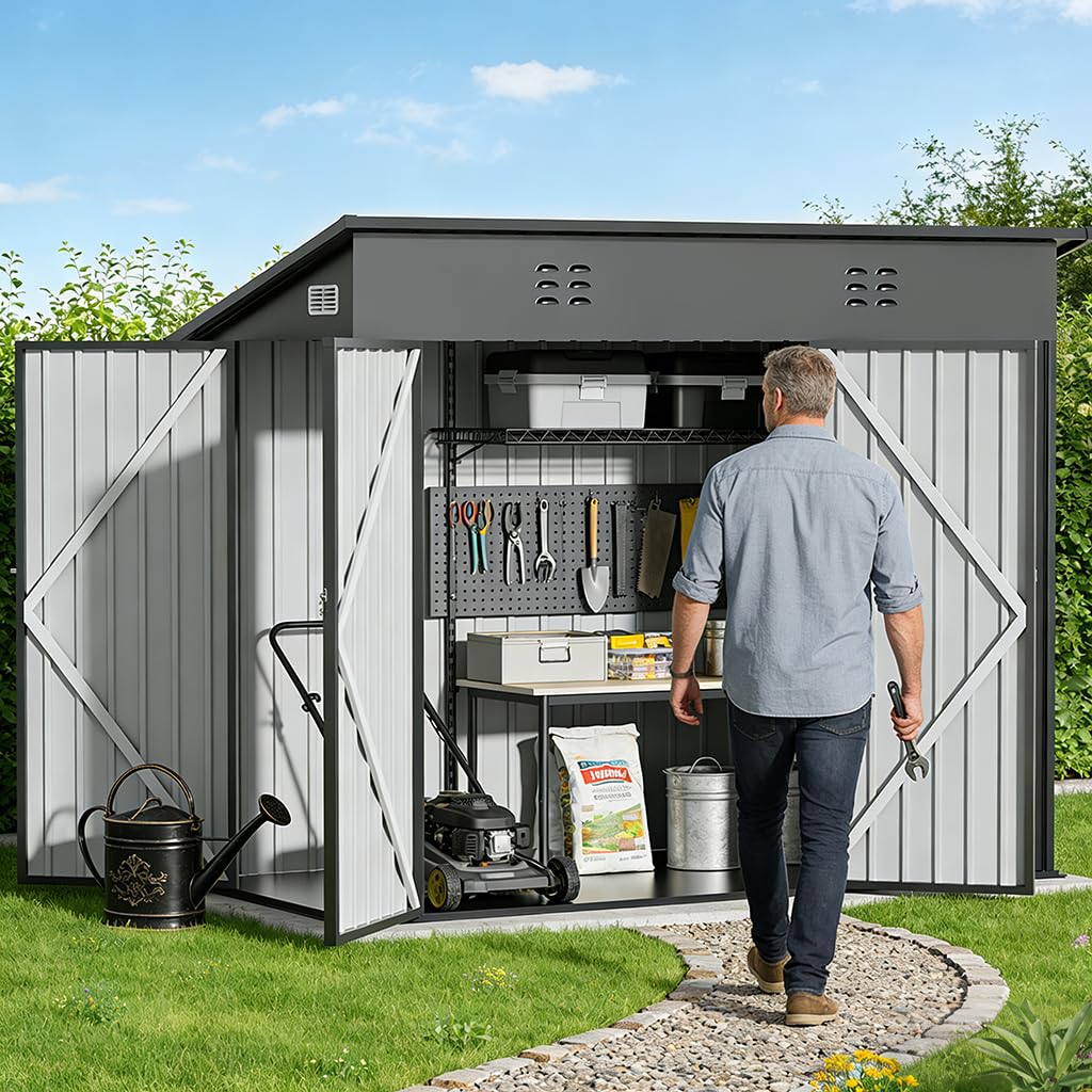 COMHOMA Shed Storage Outdoor Metal Windowed Lockable Weatherproof Ventilated Backyard Garden Utility Workshop(Grey,8'*4')