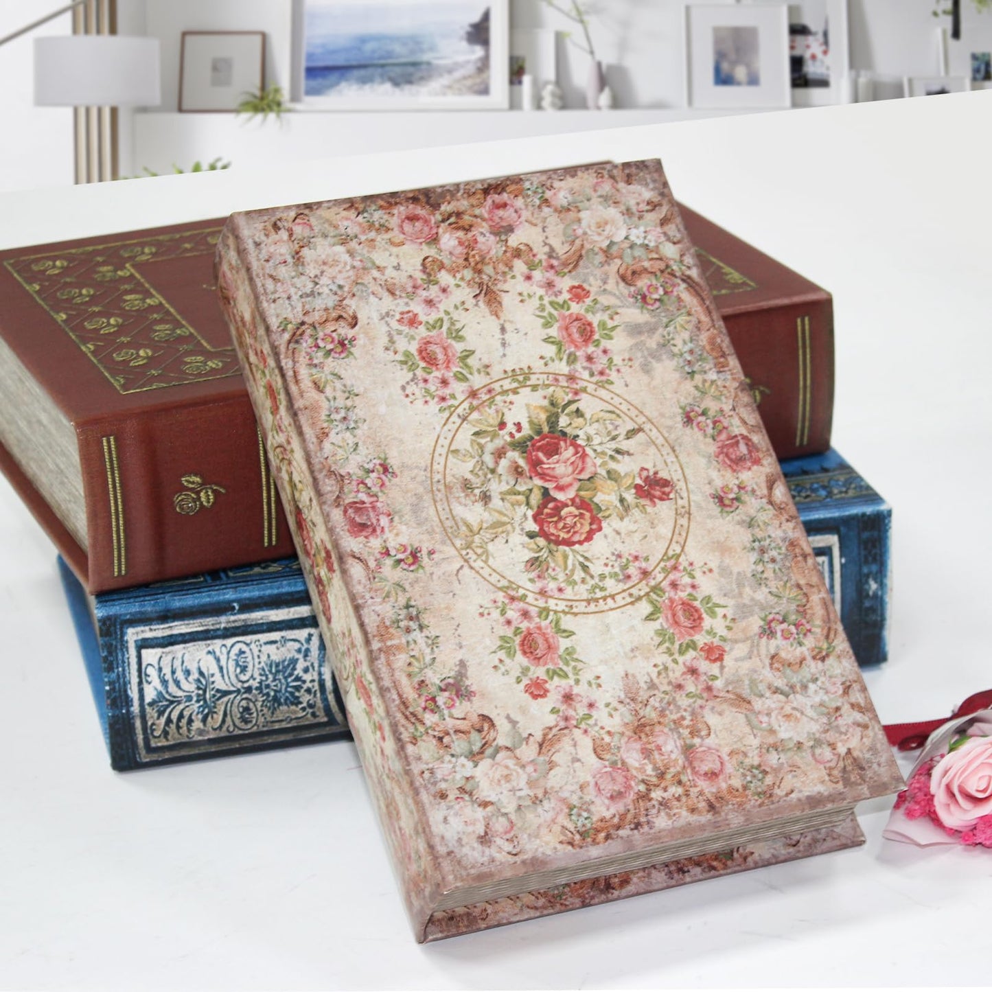ZWUCAY Book Box Decorative Storage Box Faux Wood with Magnetic Cover Storage for Hidden Jewelry,Photos, Greeting Cards,Remotes，M Size Box -4-02
