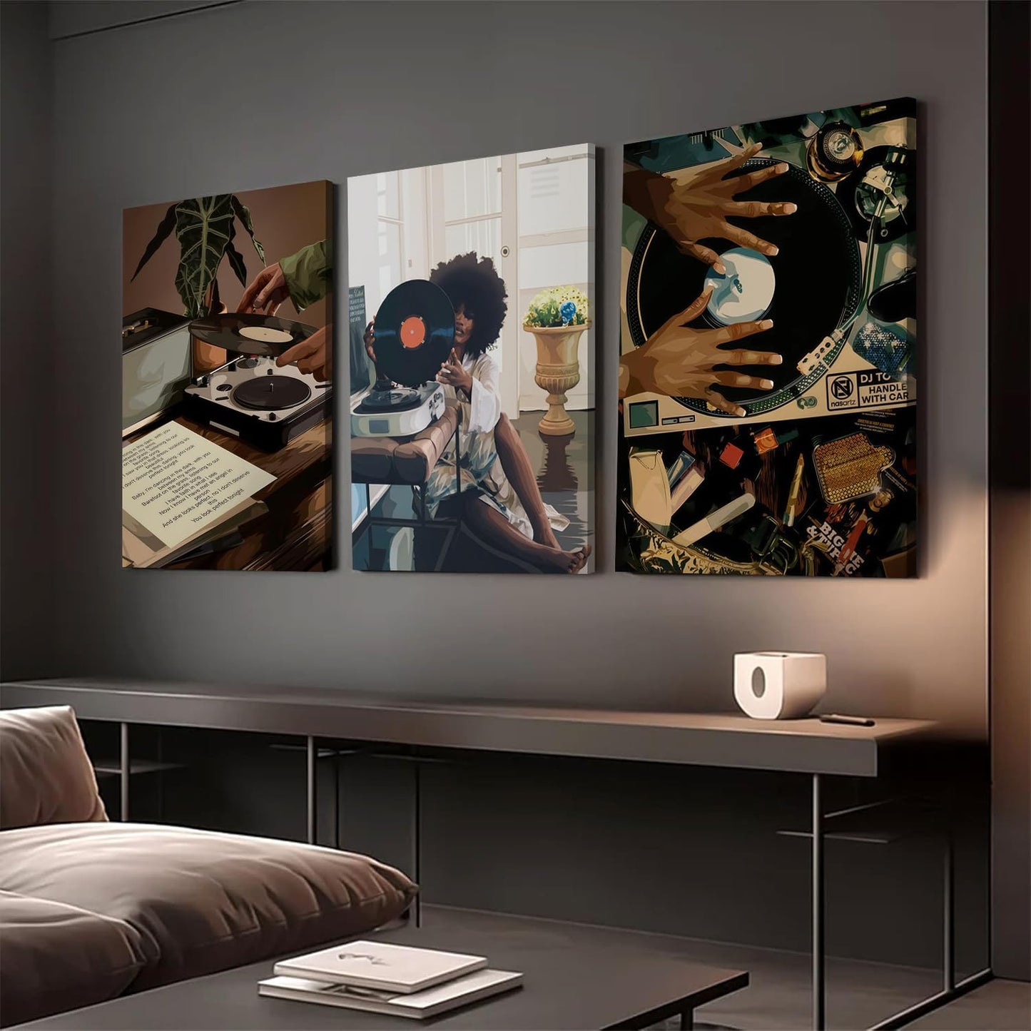 YFvrPt Black Girl Wall Art Decor Modern Black Woman Painting Prints, Set of 3 African American Music Record Player Poster Canvas Artwork for Bedroom Living Room 12x16 inch Framed