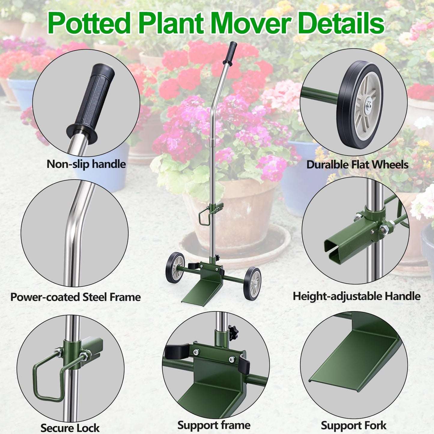 Hxgexin Heavy Duty Plant Mover with Wheels, Adjustable Pot Lifter Dolly for Large Potted Plants, Flat-Free Rubber Wheels, Ergonomic No-Lift Design, Steel Base, 220 LBS Capacity