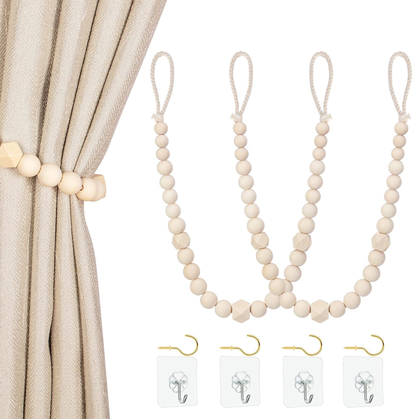 Wood Bead Curtain Tiebacks, KLOGTSIND Set of 2 Curtain Holdbacks for Thin or Thick Window Draperies, Boho Farmhouse Curtain Tiebacks with Hooks, Curtain Tie Backs for Home Office Room Decor