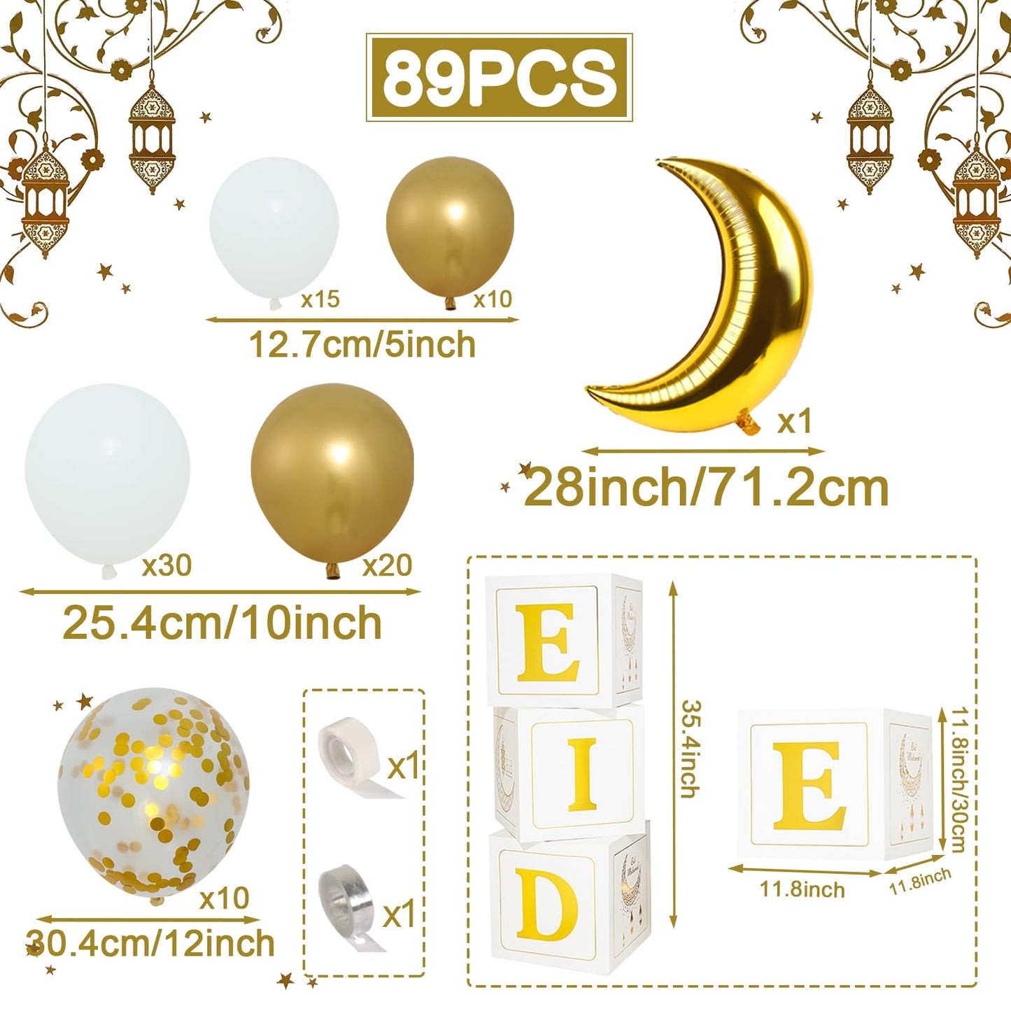 Eid Mubarak Decoration for Home 2026 - 89 White Gold Balloon Arch with Eid Mubarak Star Balloons,Star Moon Balloon Boxes,Ramadan Party Supplies Decorations for Ramadan Festival