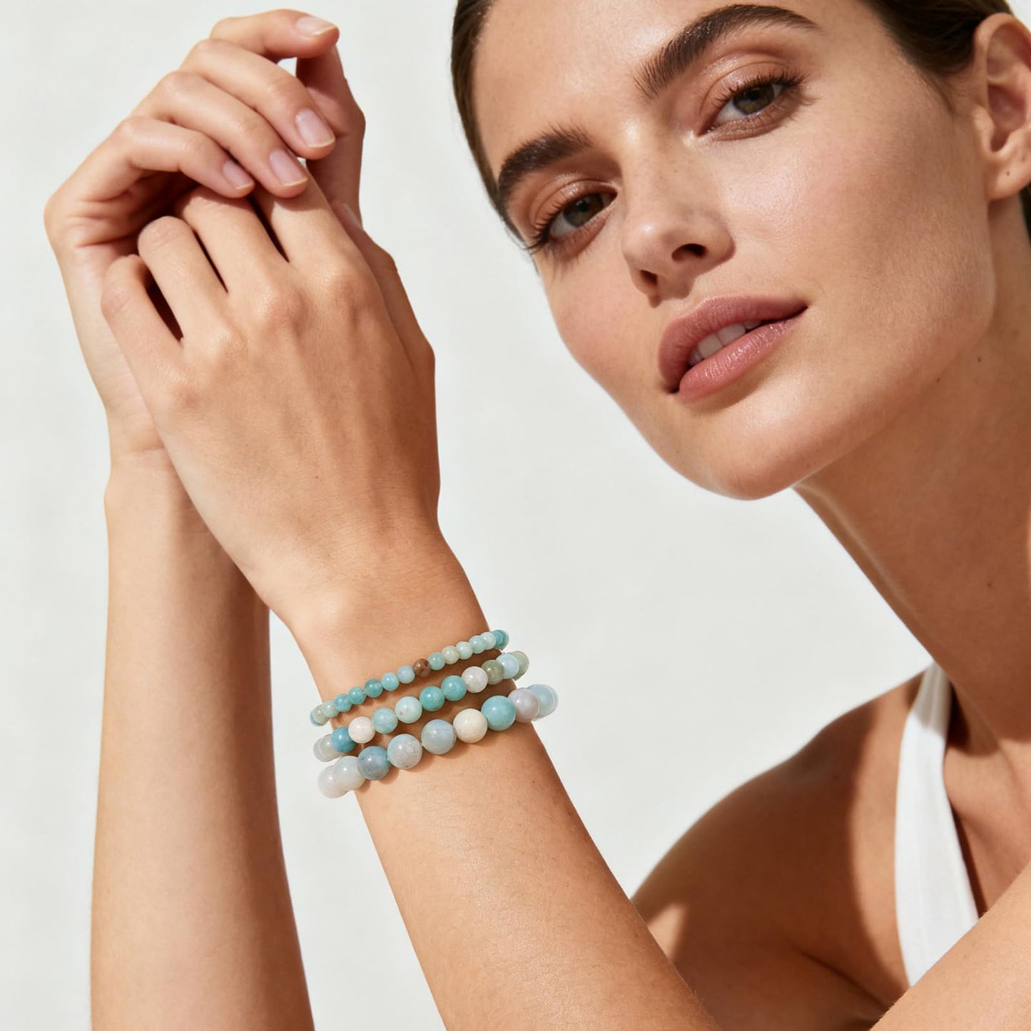 Bolinailo 3Pcs Natural Healing Crystal Bracelets for Women Men, 4mm 6mm 8mm Beaded Stretch Bracelet Set, Amazonite Natural Stone Gemstone Jewelry Gifts for Meditation, Reiki & Yoga