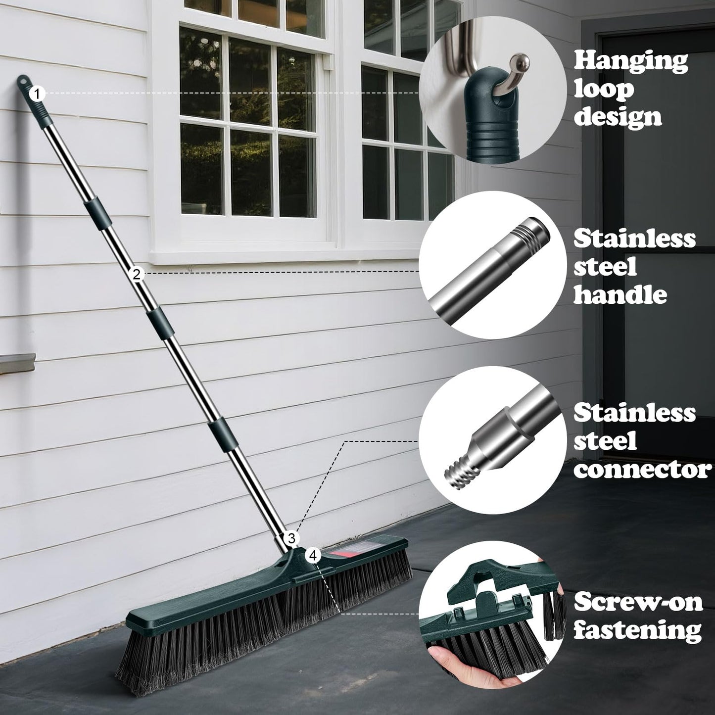 MASTERTOP 24" Push Broom Outdoor, Heavy Duty Garden Brush Broom with 58" Long Handle and Stiff Bristles,Commercial Outdoor Broom for Deck Driveway Garage Yard Patio Warehouse Concrete Floor Cleaning
