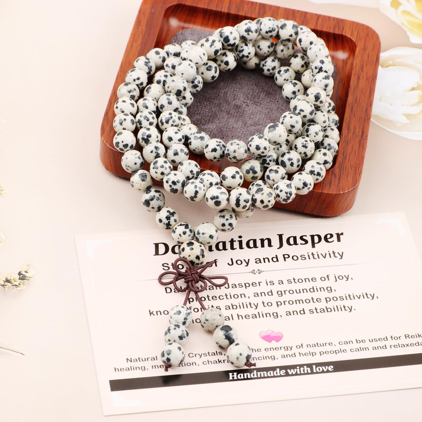 AD Beads 8mm 108 Prayer Mala Dalmatian Jasper Elastic Bracelet - Positivity - Handmade Yoga Meditation Healing Power Energy Gifts for Unisex Adult.