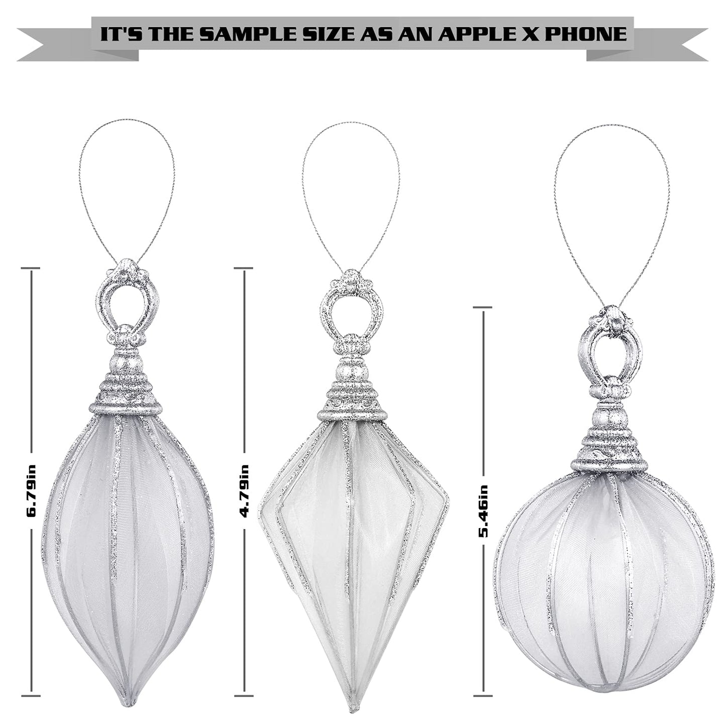 Christmas Ball Ornaments, 6pc Set Silver Rugby,Round Ball, Diamond Pendant Christmas Decorations Hanging for Xmas Tree Decorations Wedding Party