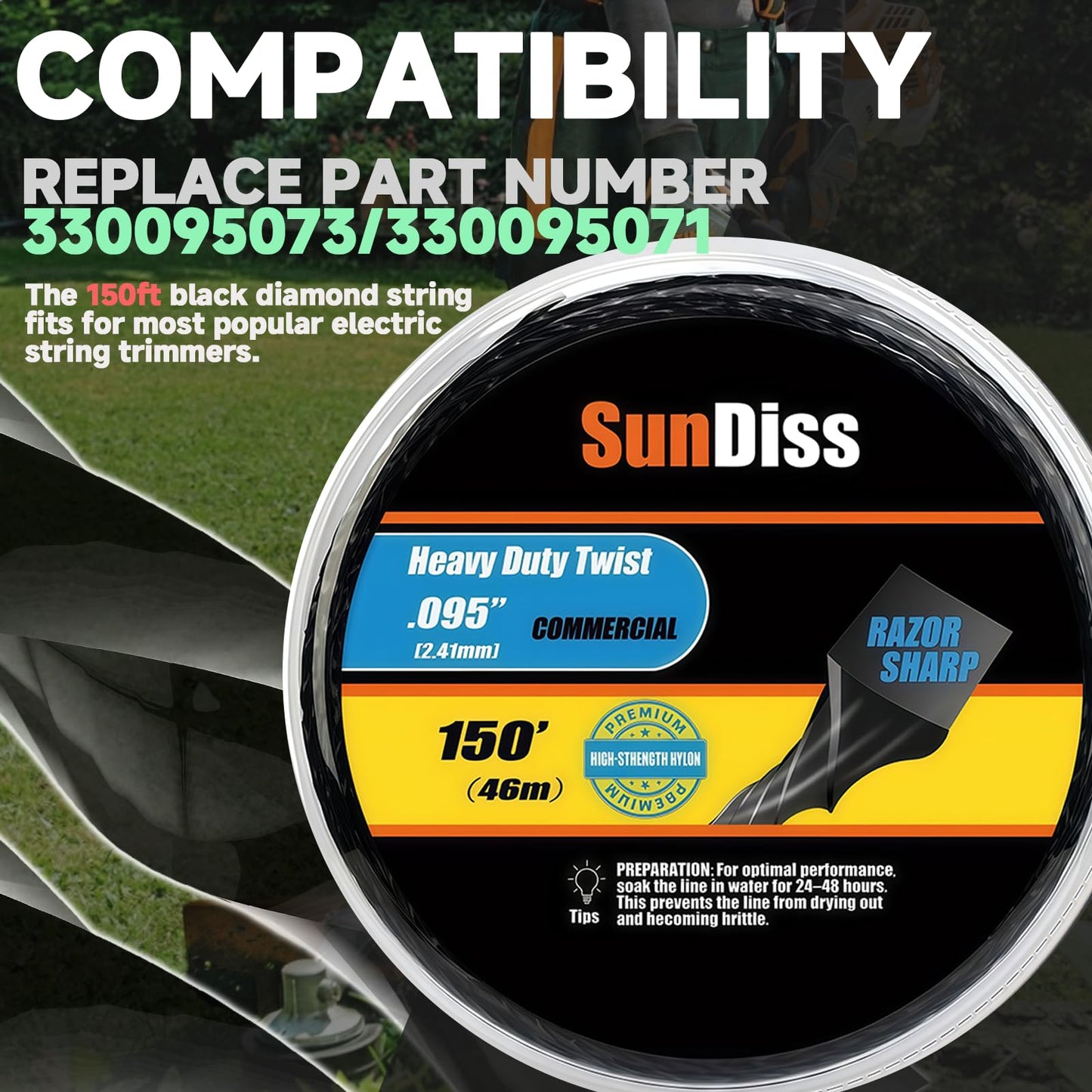 SunDiss 150ft 0.095" Trimmer Line Cutting String Replacement for Echo Black Diamond Trimmer Line 330095073/330095071, Fits for Medium to Heavy Grass and Weeds, with Built-in Line Cutter (150ft 0.095)