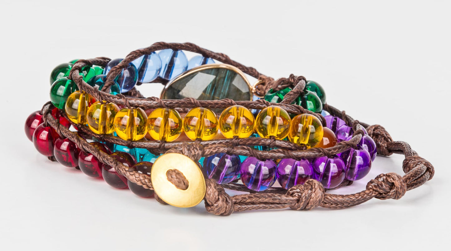 SPUNKYsoul Chakra Awareness Balancing Leather 3 Wrap Crystal Bracelet with Hematite for Women (Brown 8mm Labradorite)