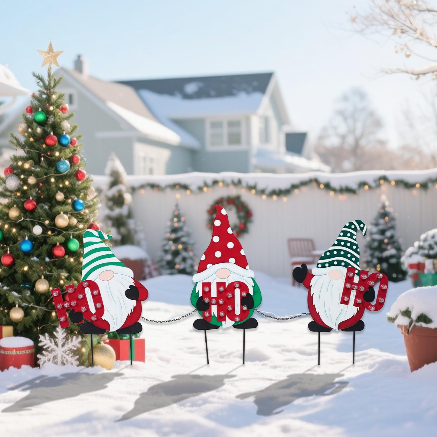 WONDER GARDEN 3 PCS Christmas Yard Signs Christmas Decorations Outdoor, Metal Xmas Yard Stakes Gnomes Lawn Decor, Xmas Garden Stakes with Led Lights for Patio Pathway Outside Decorations