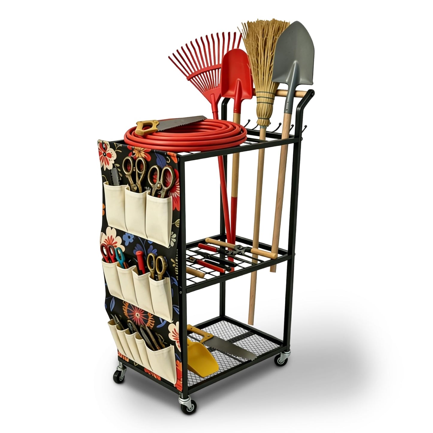 Garden Tool Organizer with Wheels & Storage Bag, 40 Inch Rolling Mobile Cart, 6-Hook Metal Storage Rack with Mesh Panel for Garage Shed Patio Organization, Black