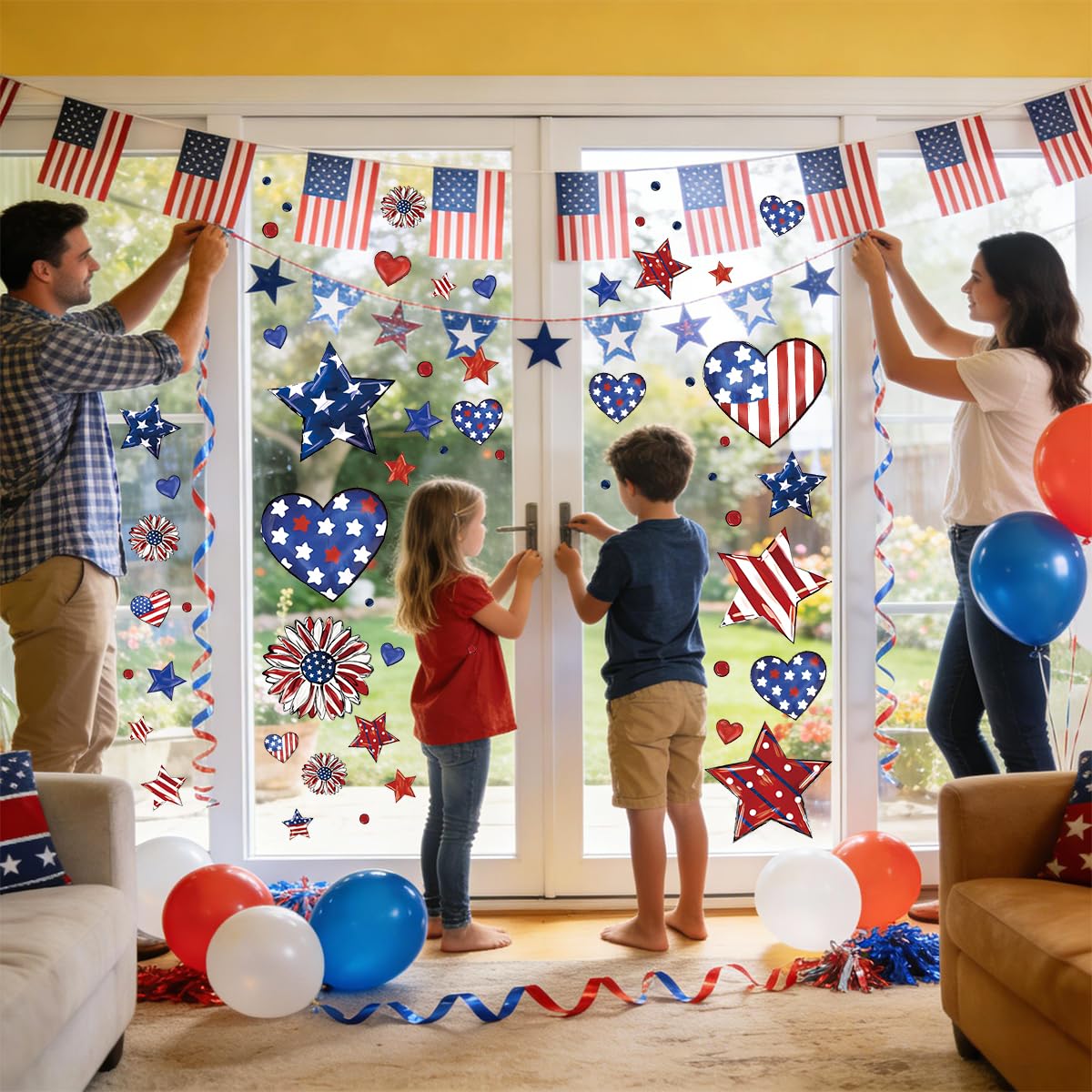 9 Sheets 4th of July Window Clings Decorations, 138PCS Patriotic Window Stickers Double-Sided Window Decals, Red White Blue Star Heart, USA Independence Day Memorial Day Decor for Home Office Glass