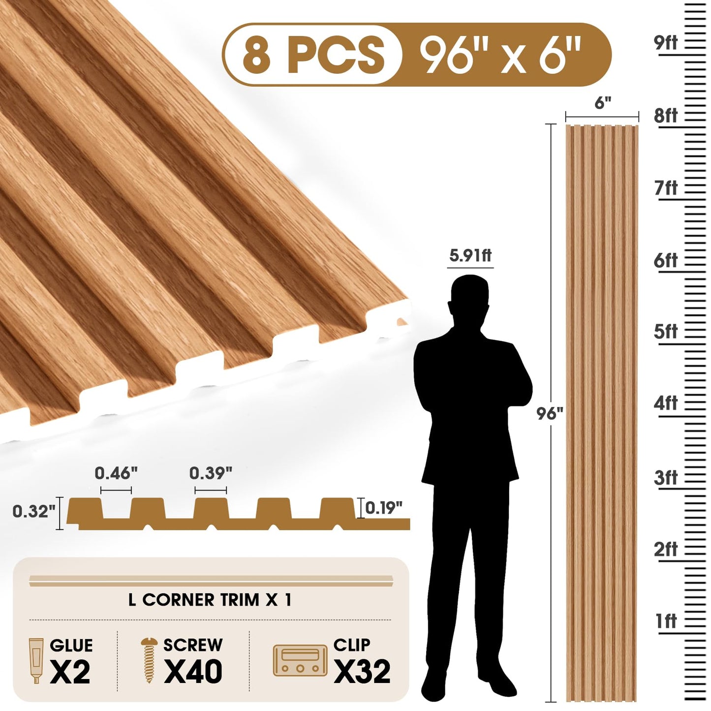 LARWORKS WPC Acoustic Slat Wall Panels 8-Pack 96'' x 6'', Accent 3D Wall Panel for Interior Wall Decor, Waterproof Fluted Textured Panel Wall Slats,Solid Elm (Cover Approx.32 sq.ft)
