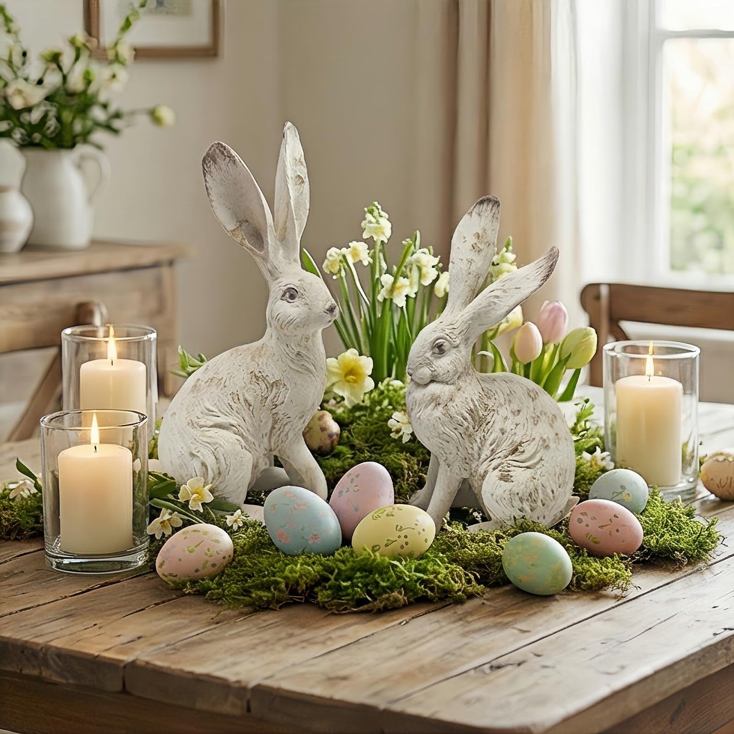 YimiBloss Easter Bunny Decorations Set of 2, 10 Inch Large Distressed Resin Rabbit Figurines, Spring Home Decor for Outdoor, Yard, Garden, Table，Farmhouse & Rustic Bunny Statues Decor Gifts (Large)