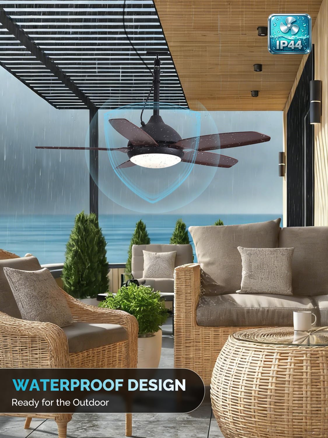 Orison 42" Plug-in Outdoor Ceiling Fan with Light, 5-Blade Hanging Patio Fan for Gazebo Porch, IP44 Waterproof, Quiet DC Motor, 6-Speed, App & Remote Control, Dimmable LED, Reversible, Wood