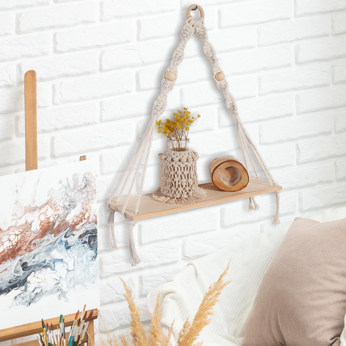BusonQueen Boho Macrame Wall Hanging Shelves,Wooden Floating Shelves for Wall with Handmade Woven Rope for Home Decor
