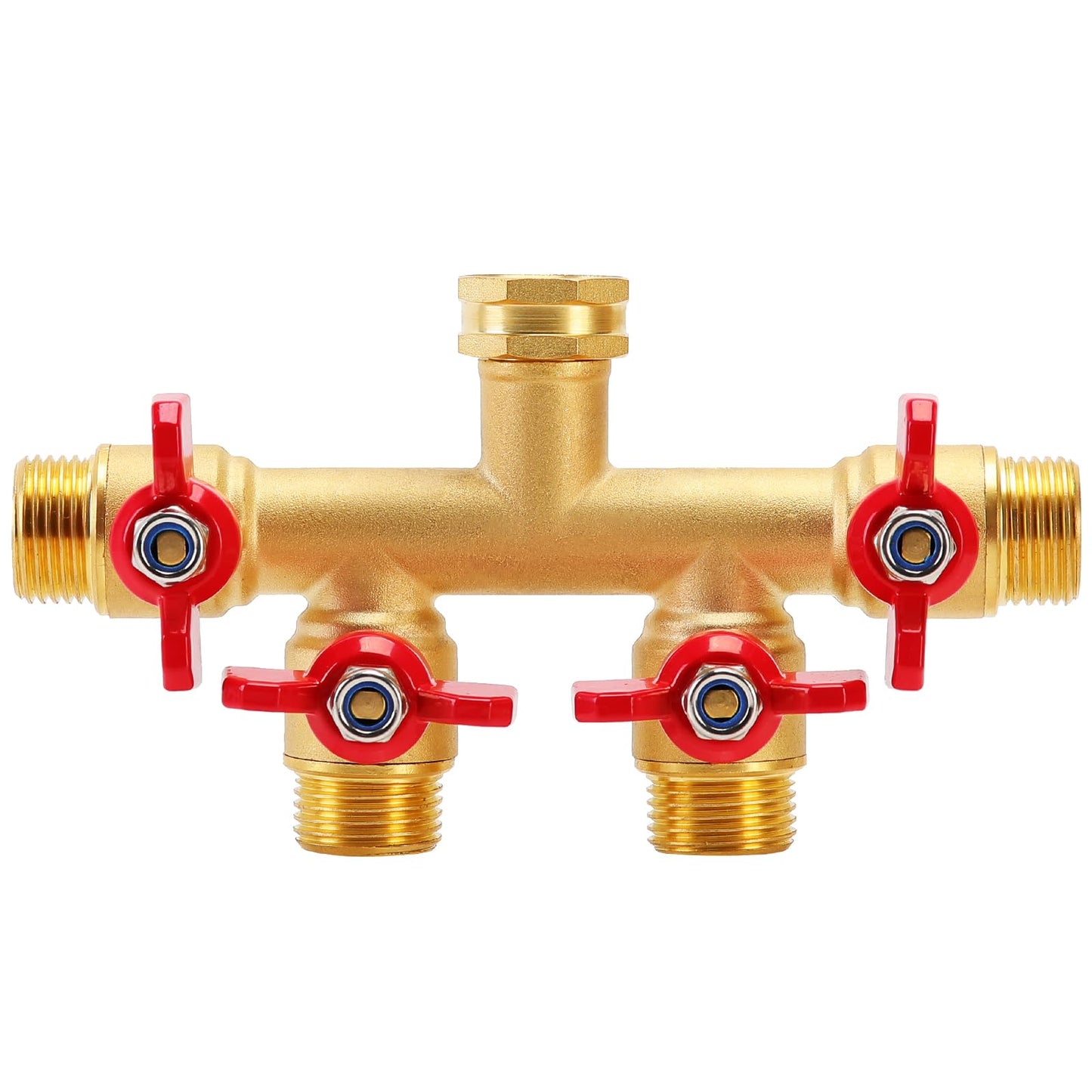 FINEST+ 4 Way Brass Hose Splitter, Solid Brass High Volume 4 Way Hose Splitter Valve with Metal Handle, Hose Connector 3/4", Hose Spigot Adapter 4 Valves with 4 Extra Rubber Washers