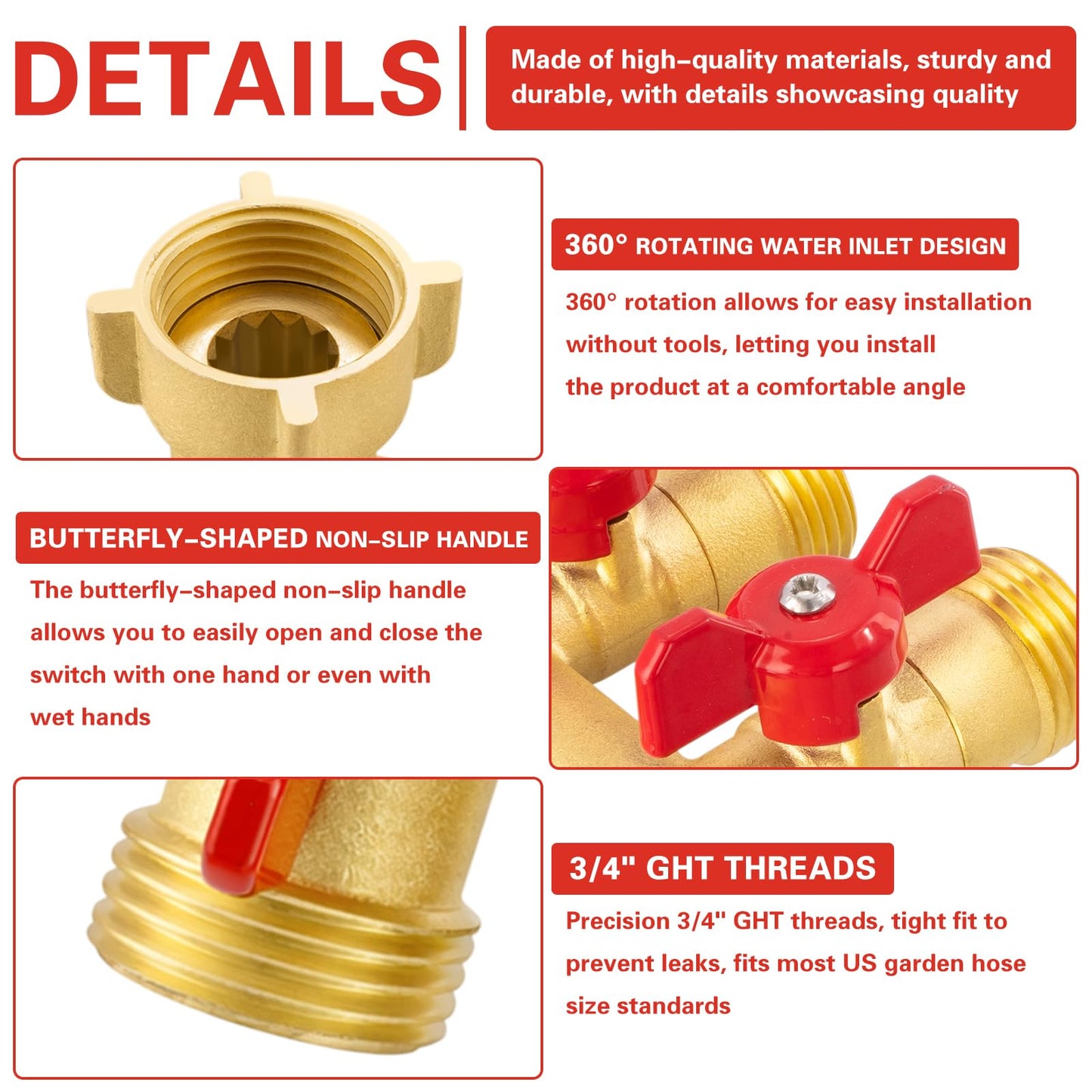 Cekwiet 3 Way Garden Hose Splitter Heavy Duty Brass, Full Flow Outdoor Faucet Hose Splitter with 3 Shut Off Valves, 3/4" GHT Metal Hose Connector for Garden, Lawn Irrigation, Yard Watering Etc