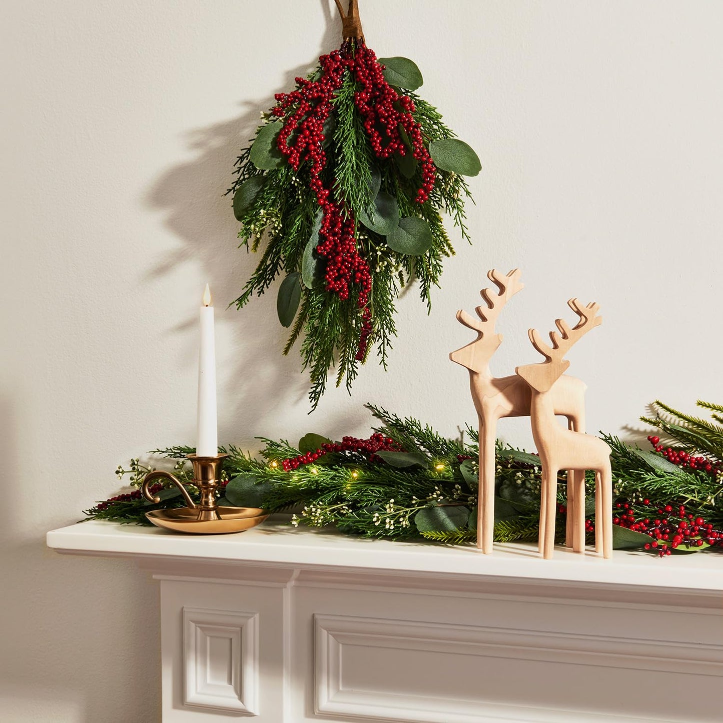 Lamplust Lighted Garland with Lights Battery Operated, 6 Ft Red Berry & Eucalyptus, 100 LED with Timer, Greenery Garland for Indoor Home Decor, Spring Decor, Table Centerpiece, Stairway Decorations