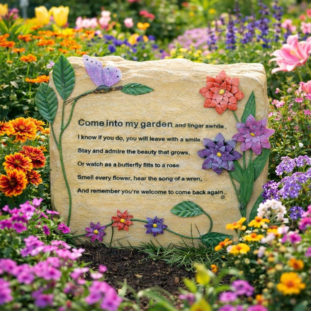 BANBERRY DESIGNS Garden Décor Decorative Rock – “Come Into My Garden” Engraved Stone with Butterfly & Floral Design – Outdoor Garden Decoration, Memorial Garden Accent, Yard Art – 9.5" x 8.5"