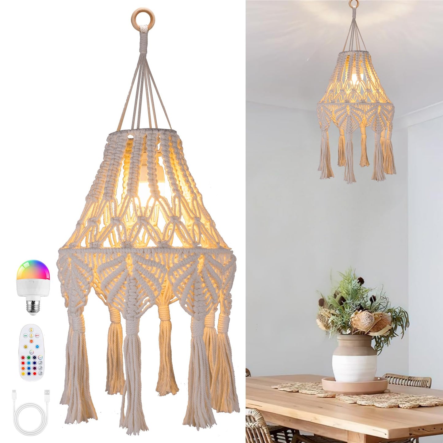 AVAMERY Boho Chic Macrame Pendant Lights with Tassels, Remote Control Dimmable Timer Rechargeable Battery Operated Hanging Lamp, Cotton Rope Wall Decor for Bedroom Living Room