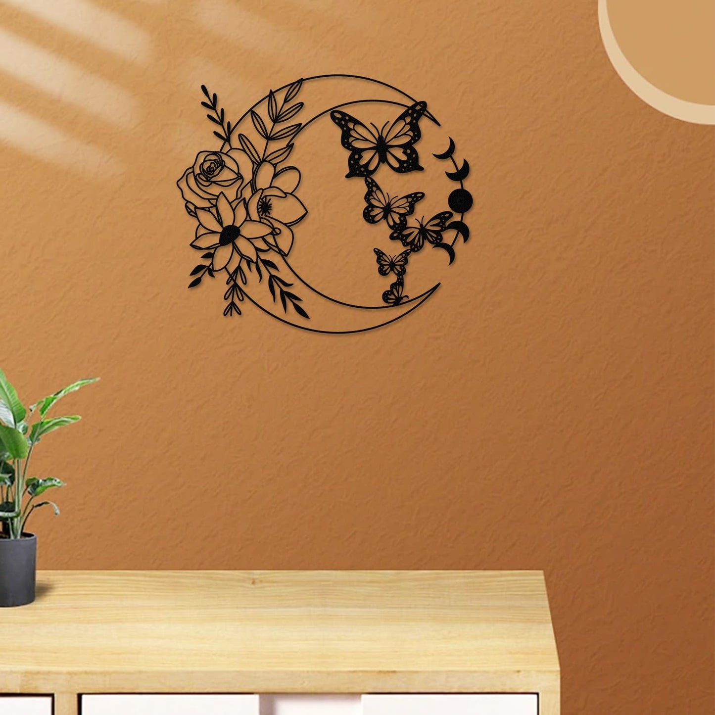 ruelen Moon Butterfly Metal Wall Decor Boho Wall Art Floral Boho Wall Hanging Home for Indoor Living Room Bedroom Bathroom Outdoor Garden Yard Fence Farmhouse Decoration (Moon Butterflies)