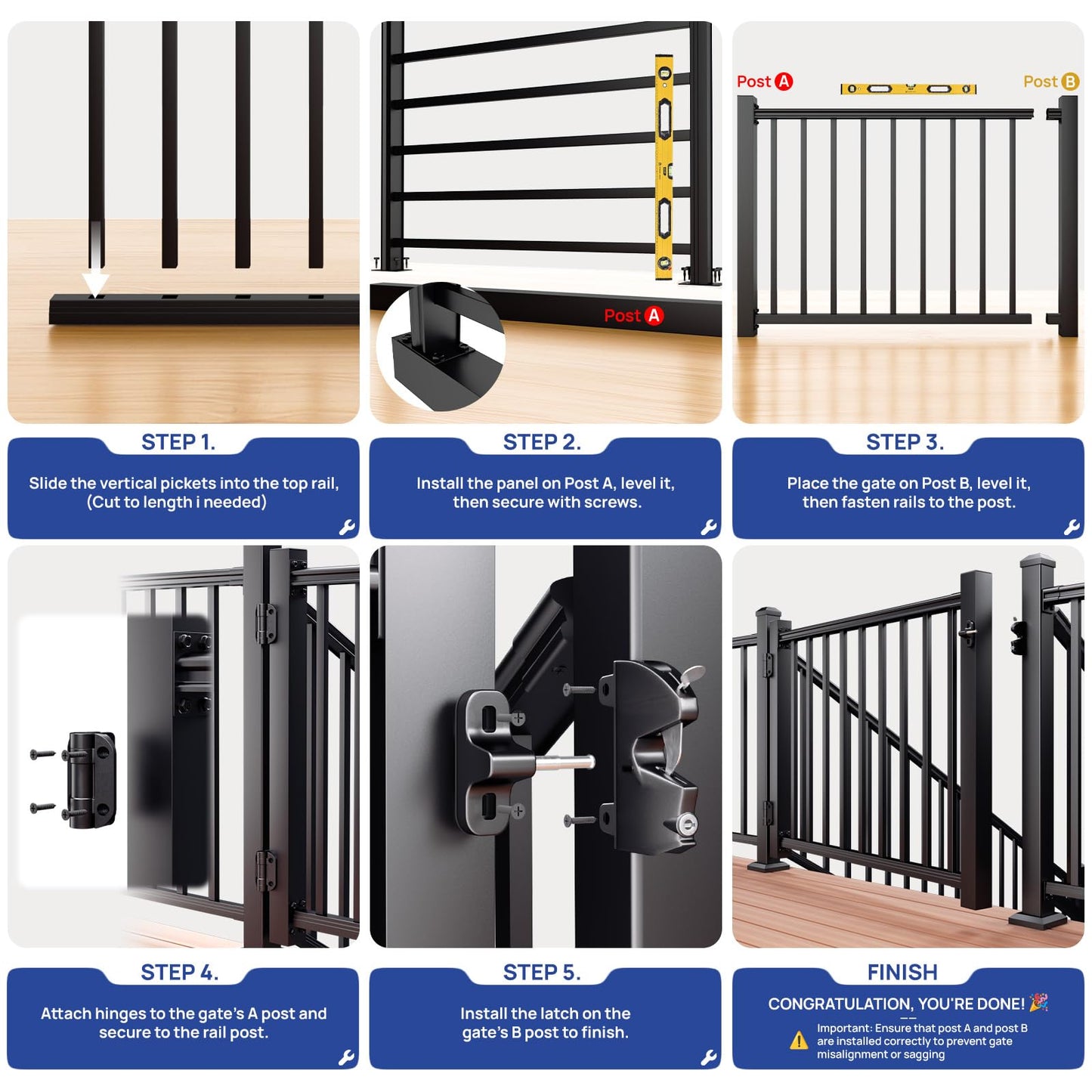 Egadis 4 ft. W Aluminum Deck Gate Kit for 36in. H Railing, Cuttable Black Textured AAMA2604 Powder-Coat Finish Outdoor Gate Kit with Latch and Auto-Closing Hinge for Deck, Patio, Garden, Yard, Porch