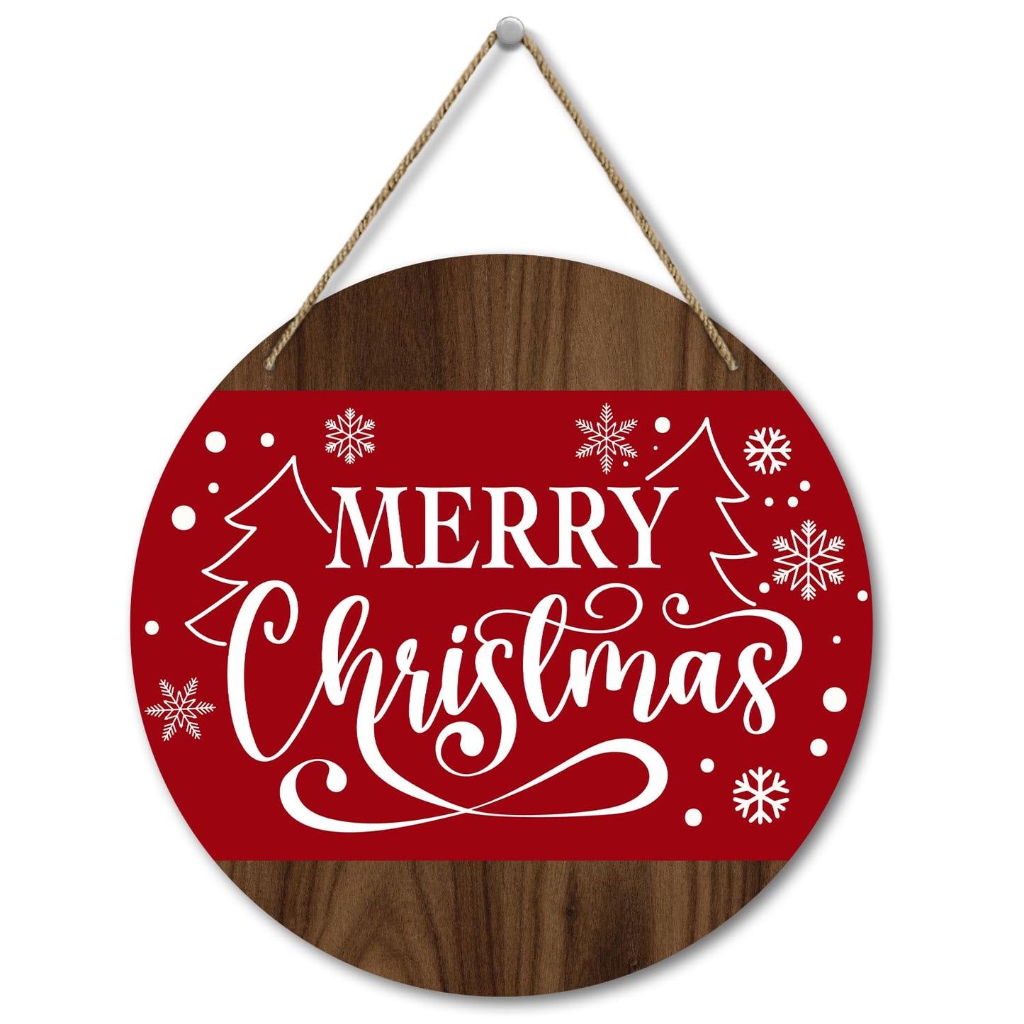 Merry Christmas Round Red Wooden Hanging Door Decor Sign - 8 Inch Christmas Door Hanger with Rope, Indoor/Outdoor Farmhouse Decor Supplies