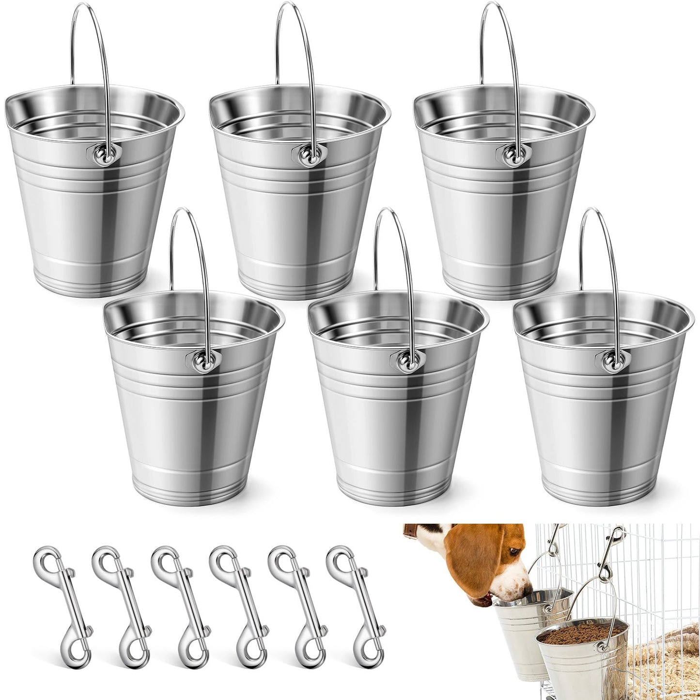Mumufy 6 Set 2 Quart Stainless Steel Flat Side Bucket Durable Water Pails with Double Ended Snaps Small Metal Bucket Flat Back Water Pails for Dogs Cats Kennels Cages Fences Pet Container