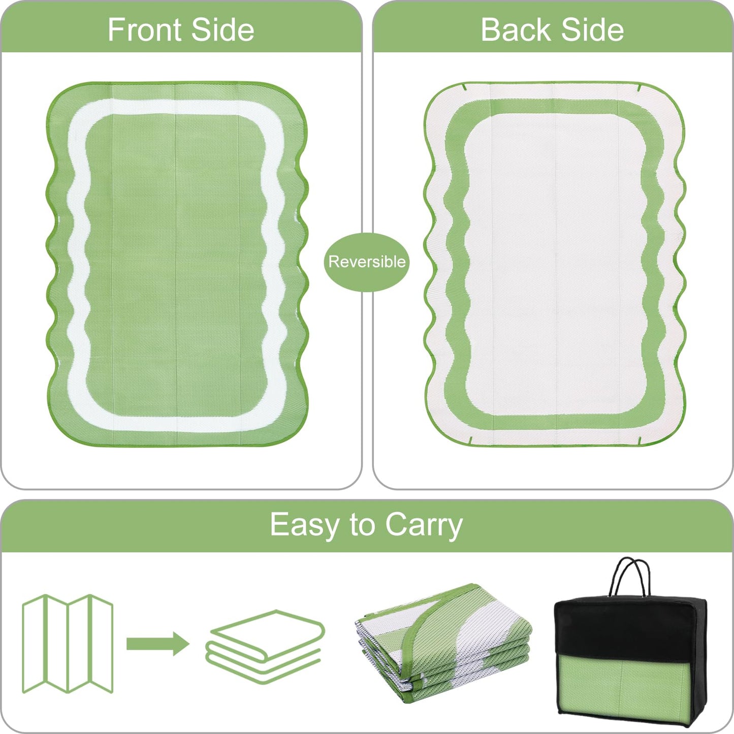 Uphome Outdoor Rug Waterproof 8x10, Large Reversible Green Scalloped Patio Plastic Straw Rugs, Foldable Modern RV Camping Outside Carpet Mat for Pool Back Yard Deck Picnic, 8 x 10 ft
